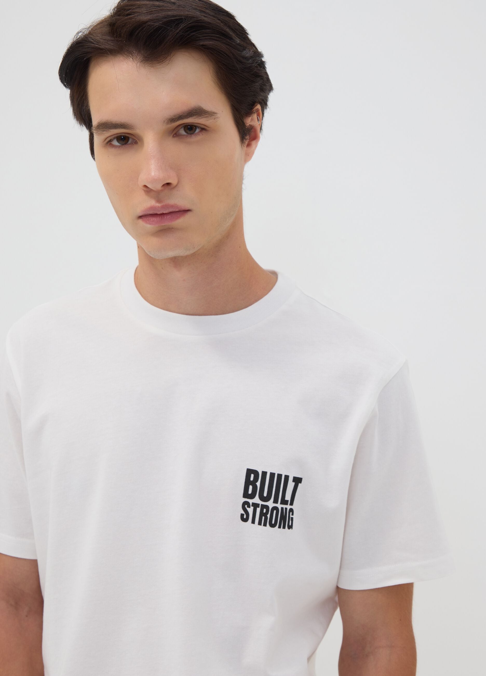 White pure cotton jersey T-shirt with graphic print, regular fit
