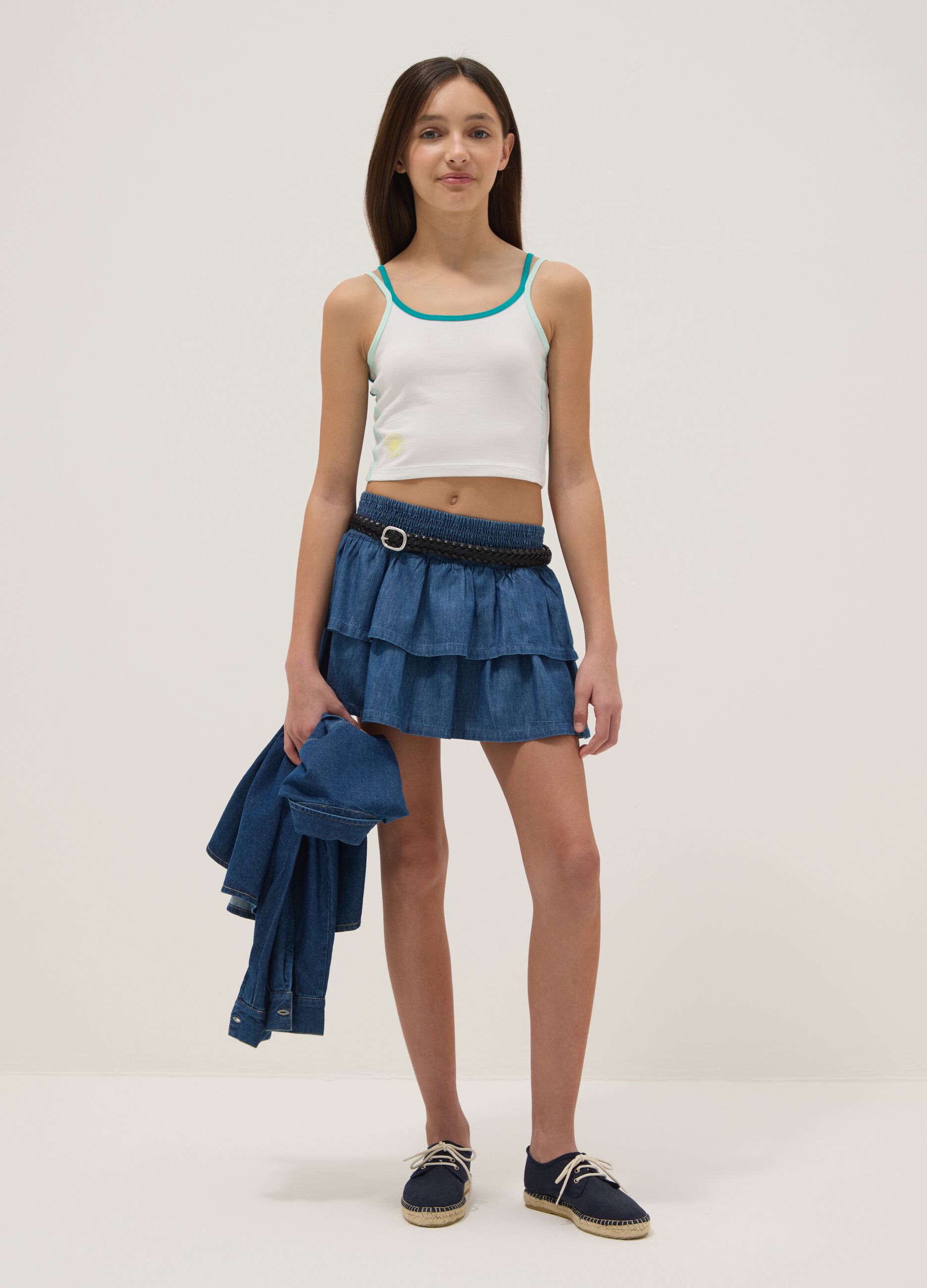 Girls&rsquo; blue denim cotton skort, regular fit