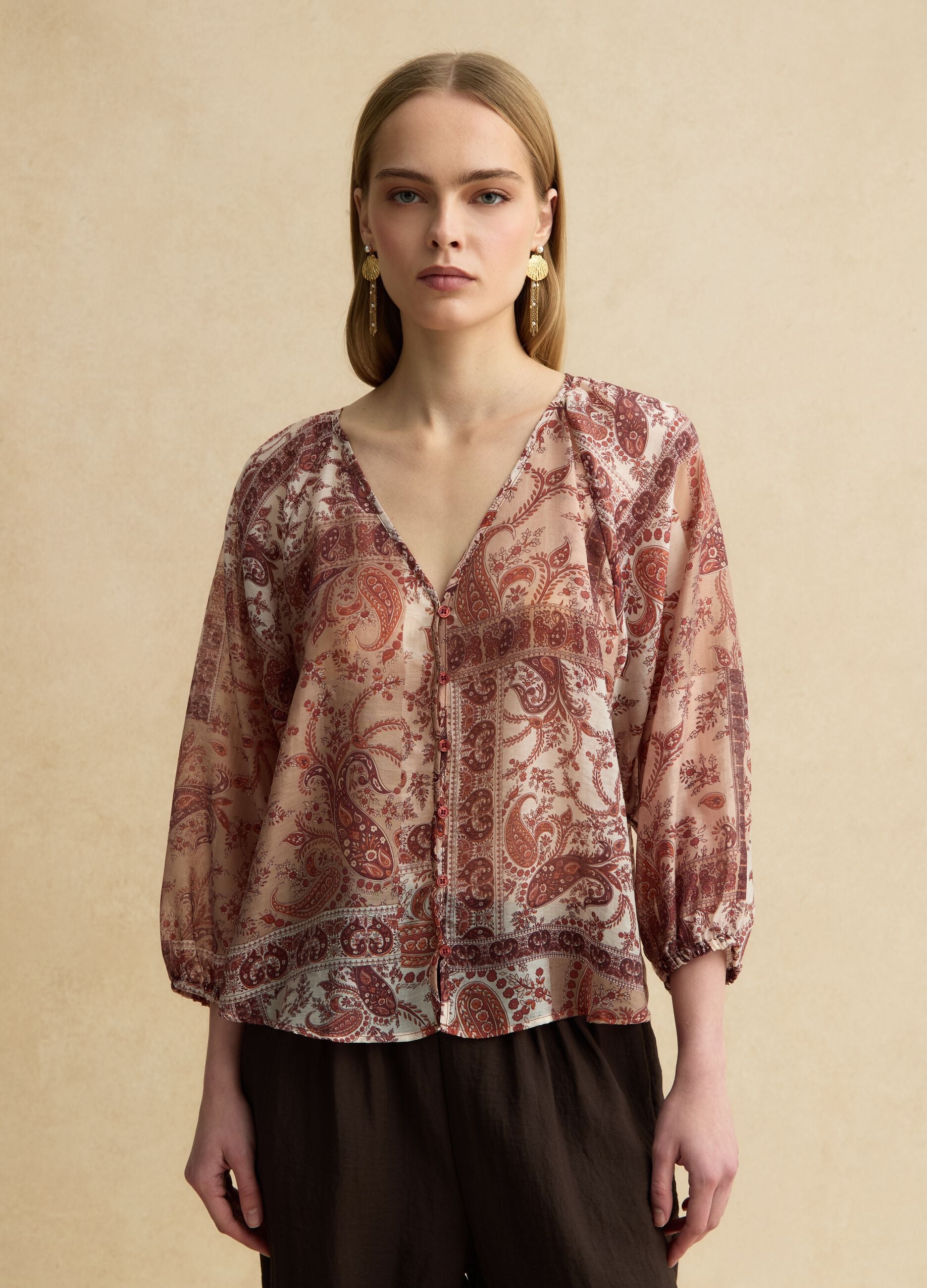 Multicolour regular fit lyocell blend blouse with buttons