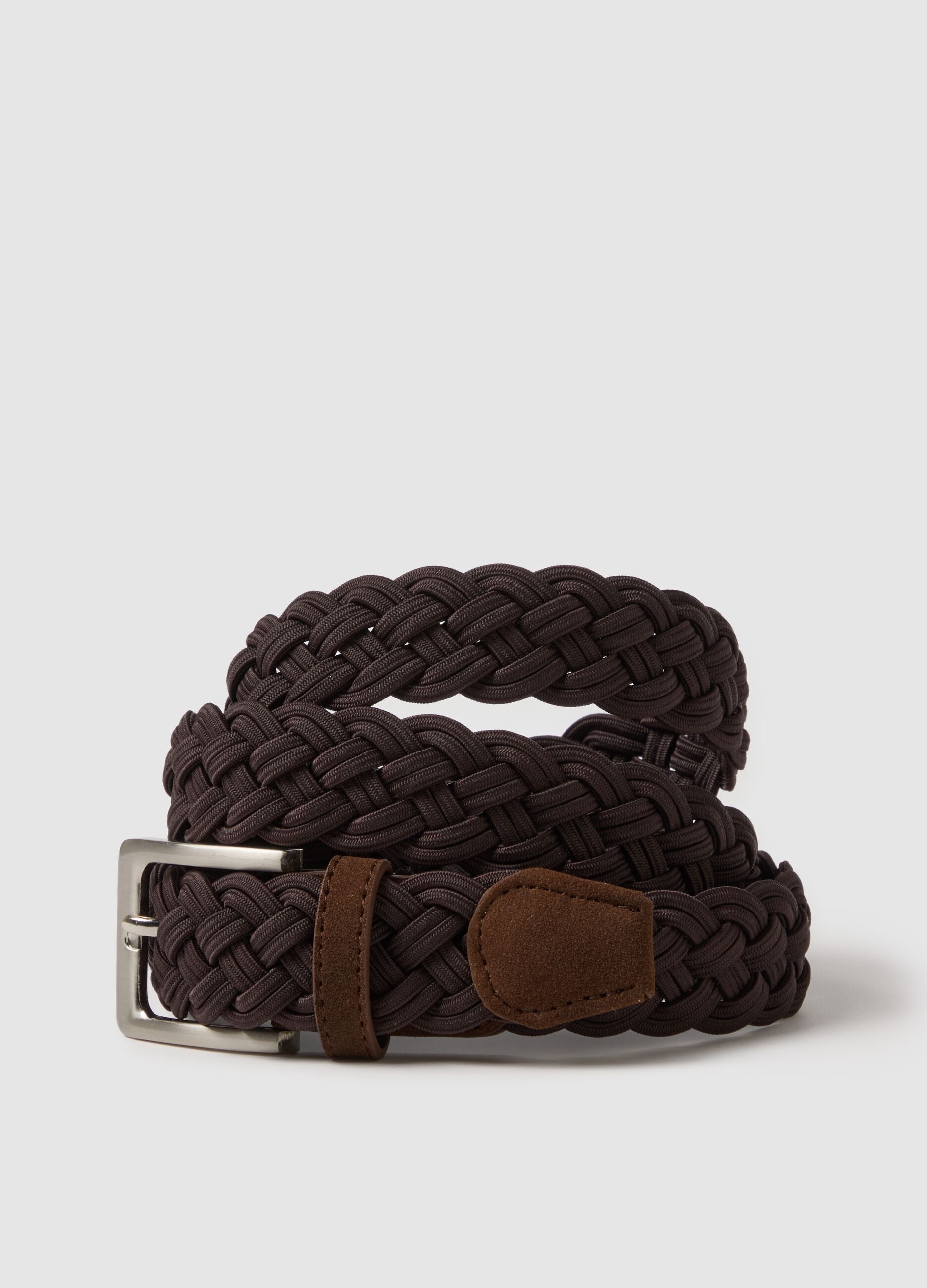 Braided brown belt with metal buckle
