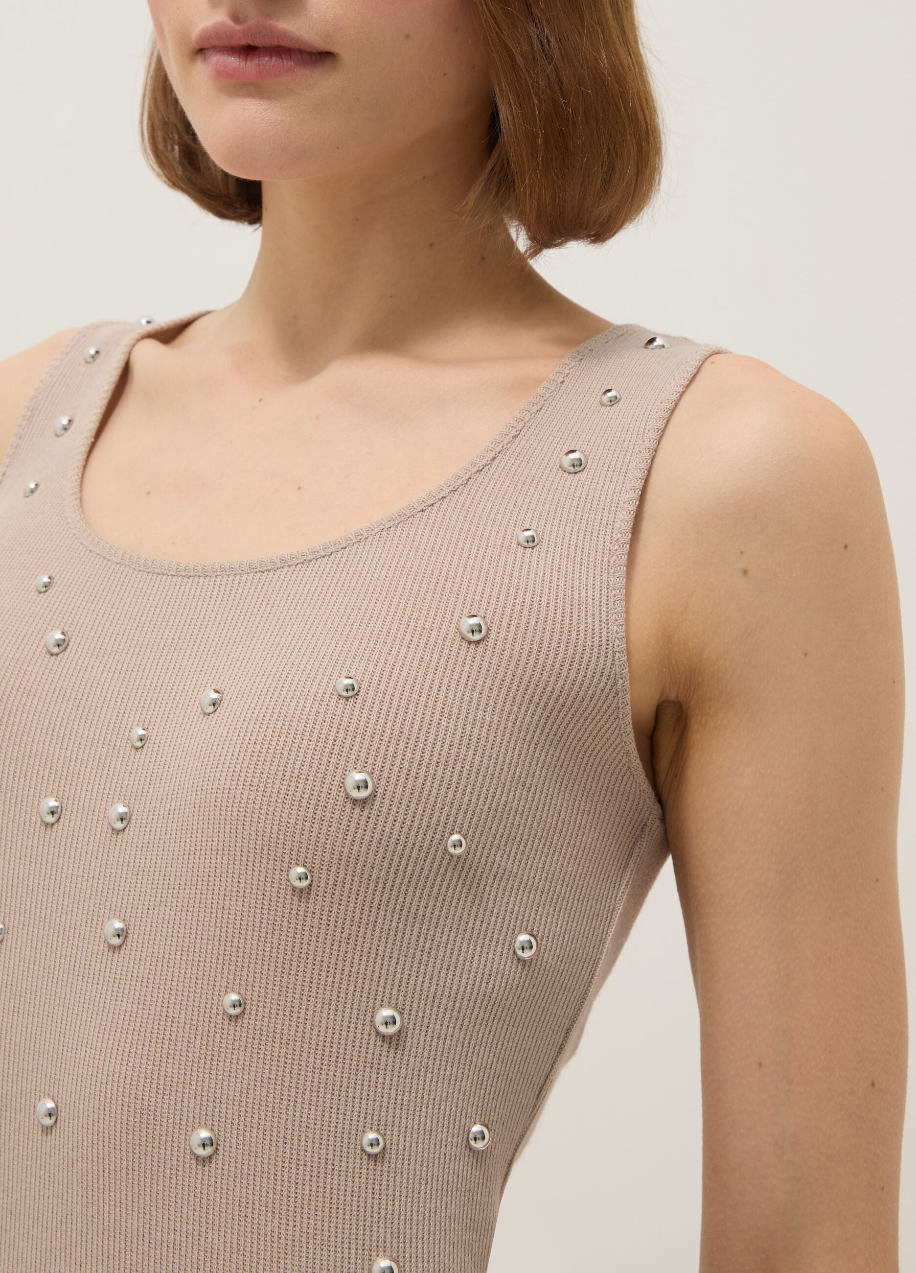 Beige regular fit tank top with metallic appliqu&eacute;s