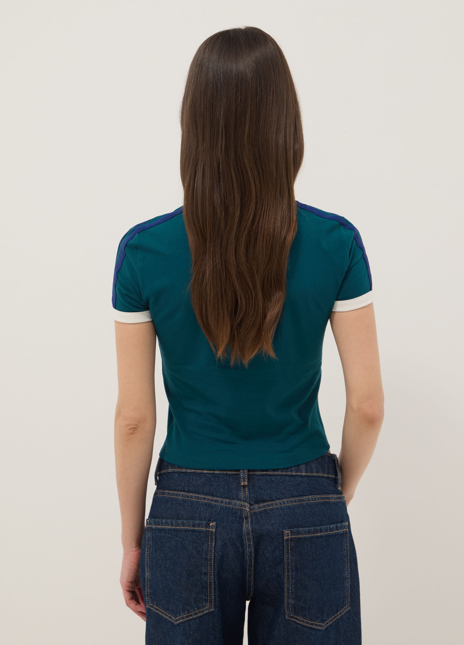 Green slim fit stretch cotton T-shirt with print