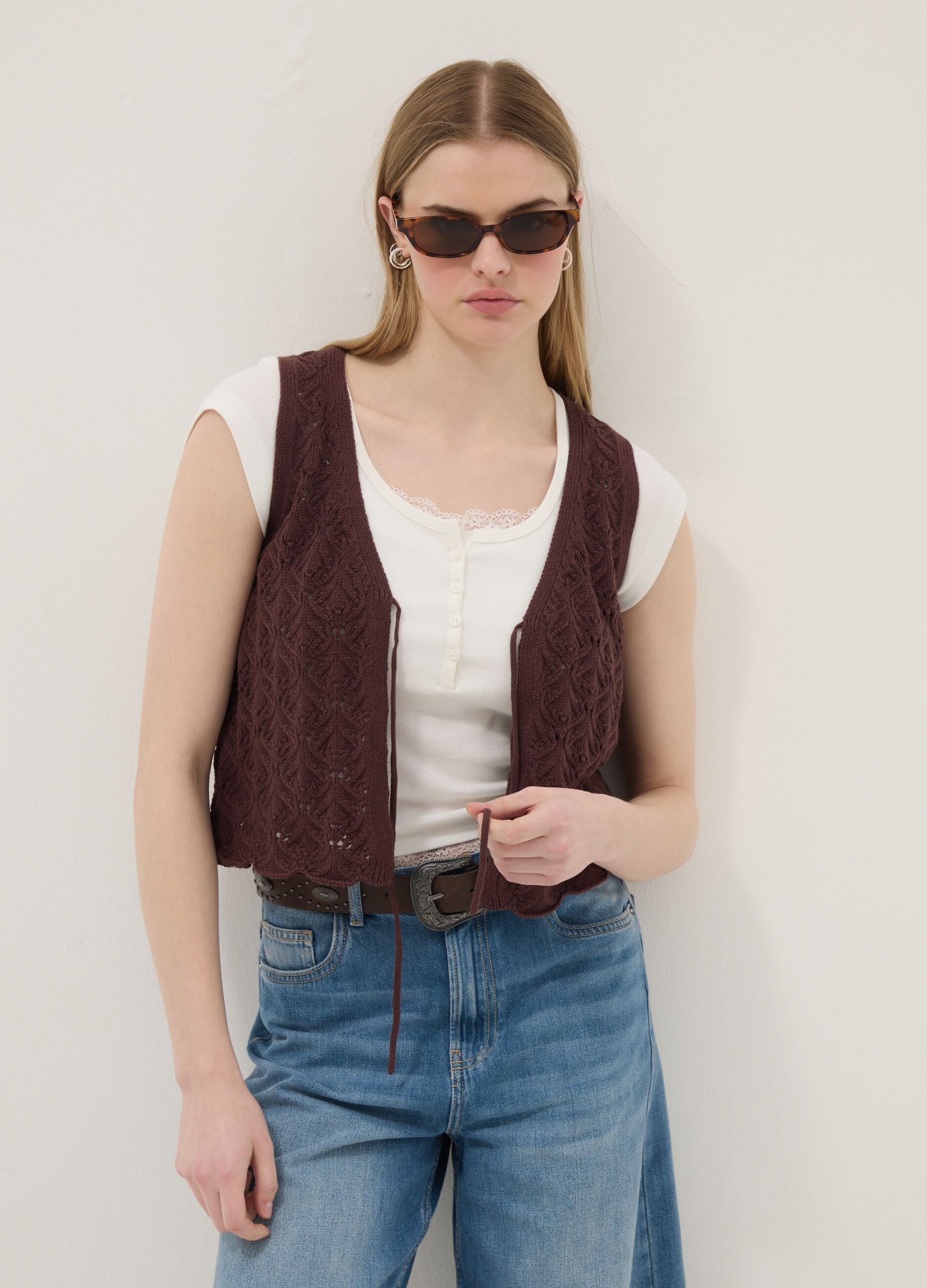 Brown pure cotton regular-fit waistcoat with tie fastening and deep V-neck
