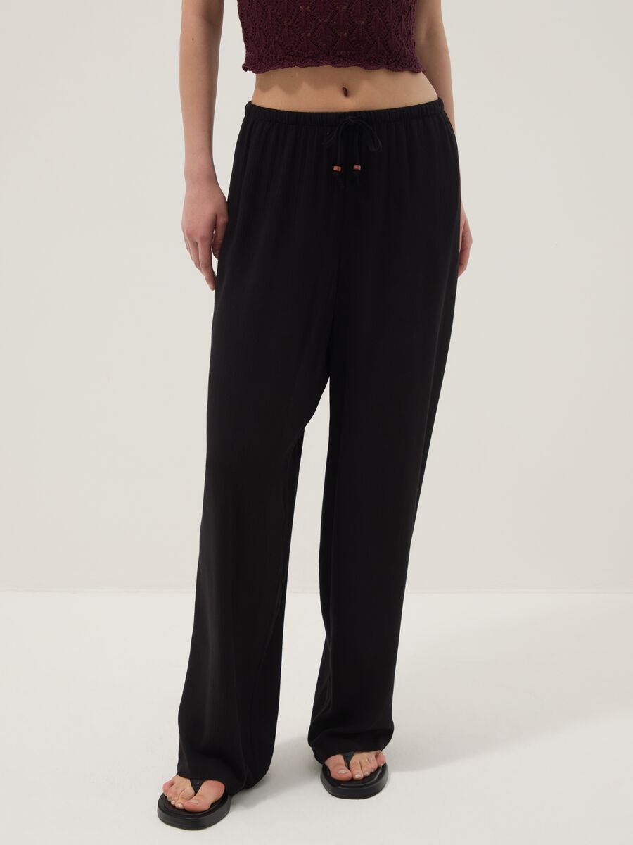 Black pure viscose trousers with drawstring, relaxed fit_1