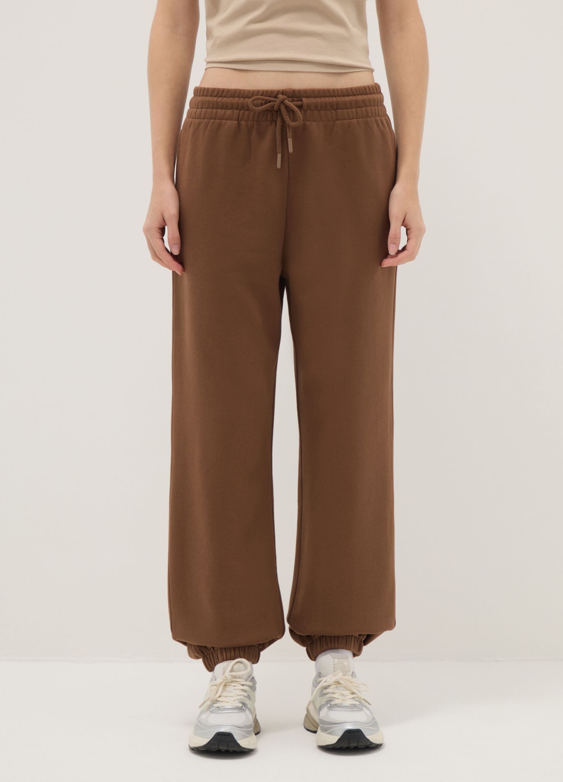 Brown Cotton Blend Regular Fit Jogger Trousers