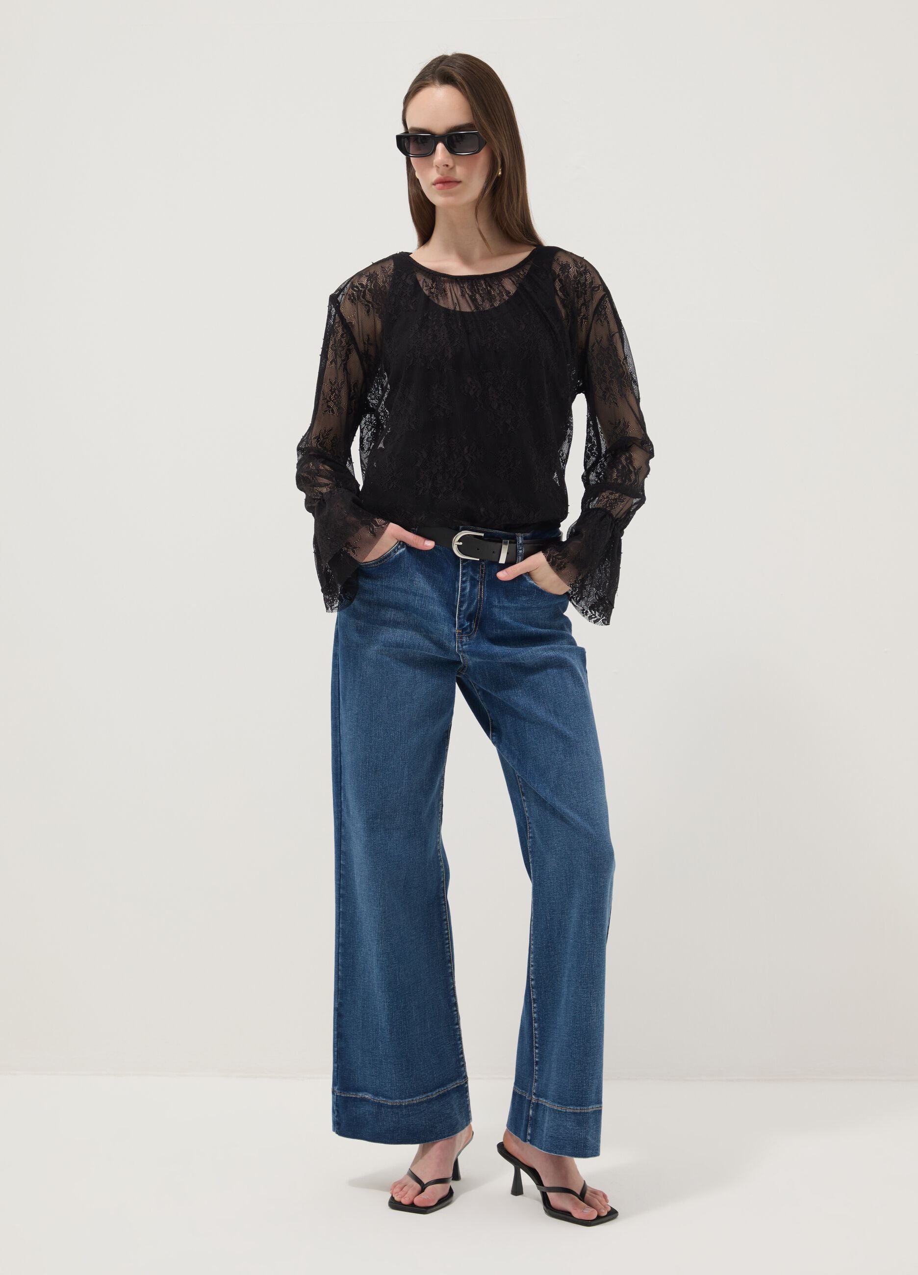Black stretch blouse with sheer lace, regular fit