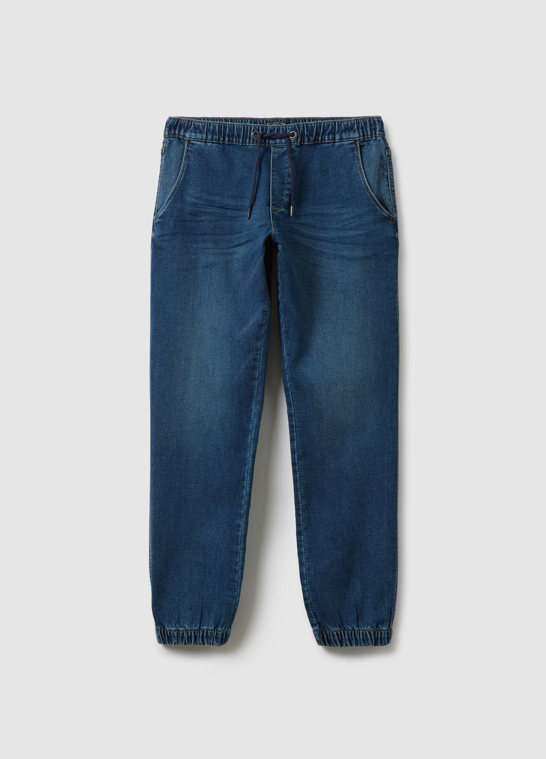 Regular fit blue denim jeans with elastic waistband