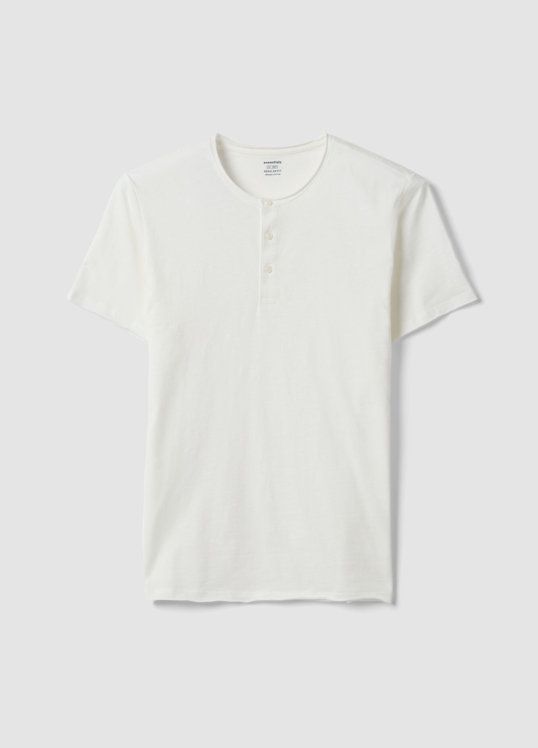 White pure cotton regular fit T-shirt with henley collar