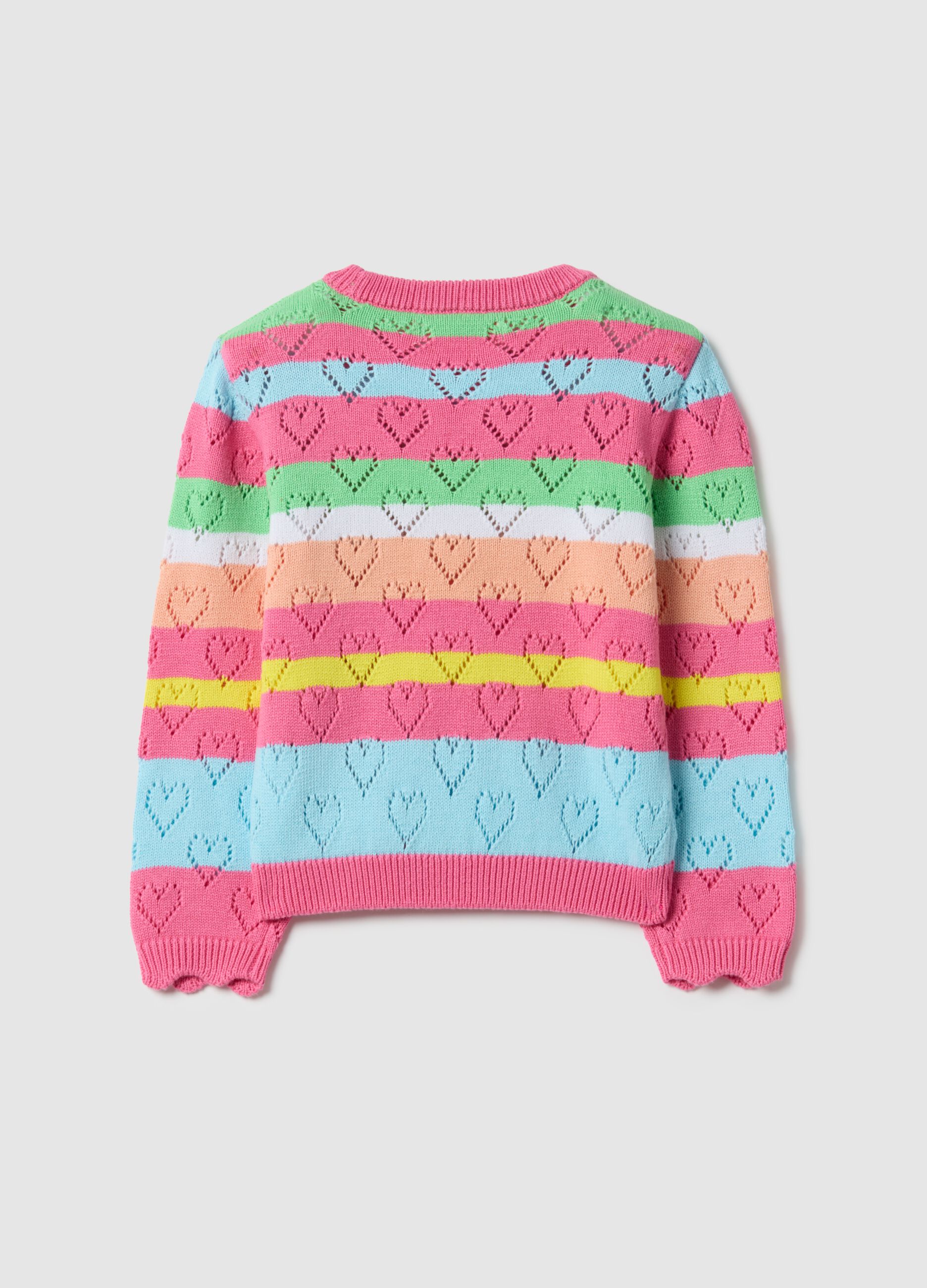 Girl's regular fit pure cotton jumper with multicolour stripes and hearts