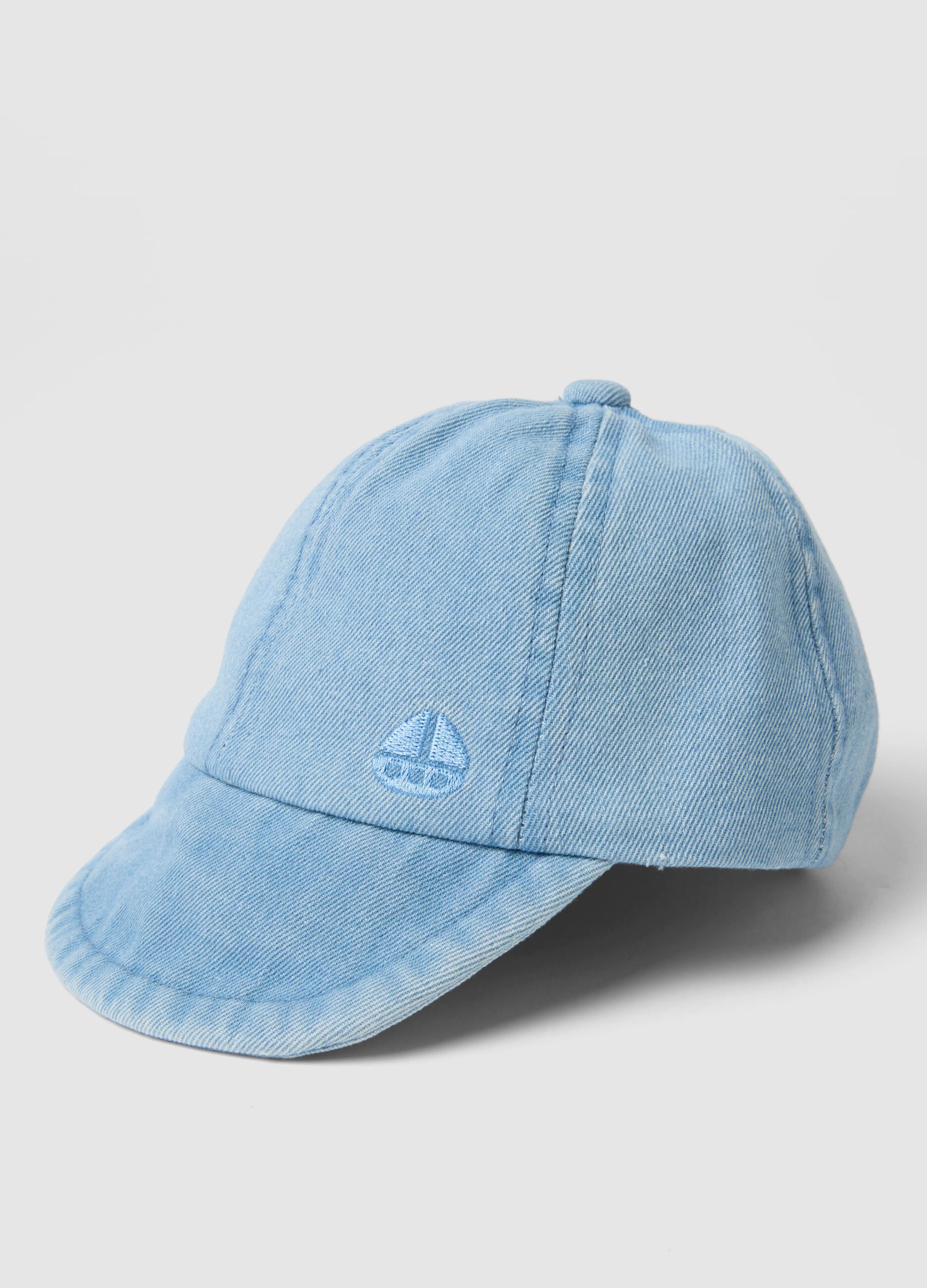 Children's pure cotton denim blue cap with boat embroidery