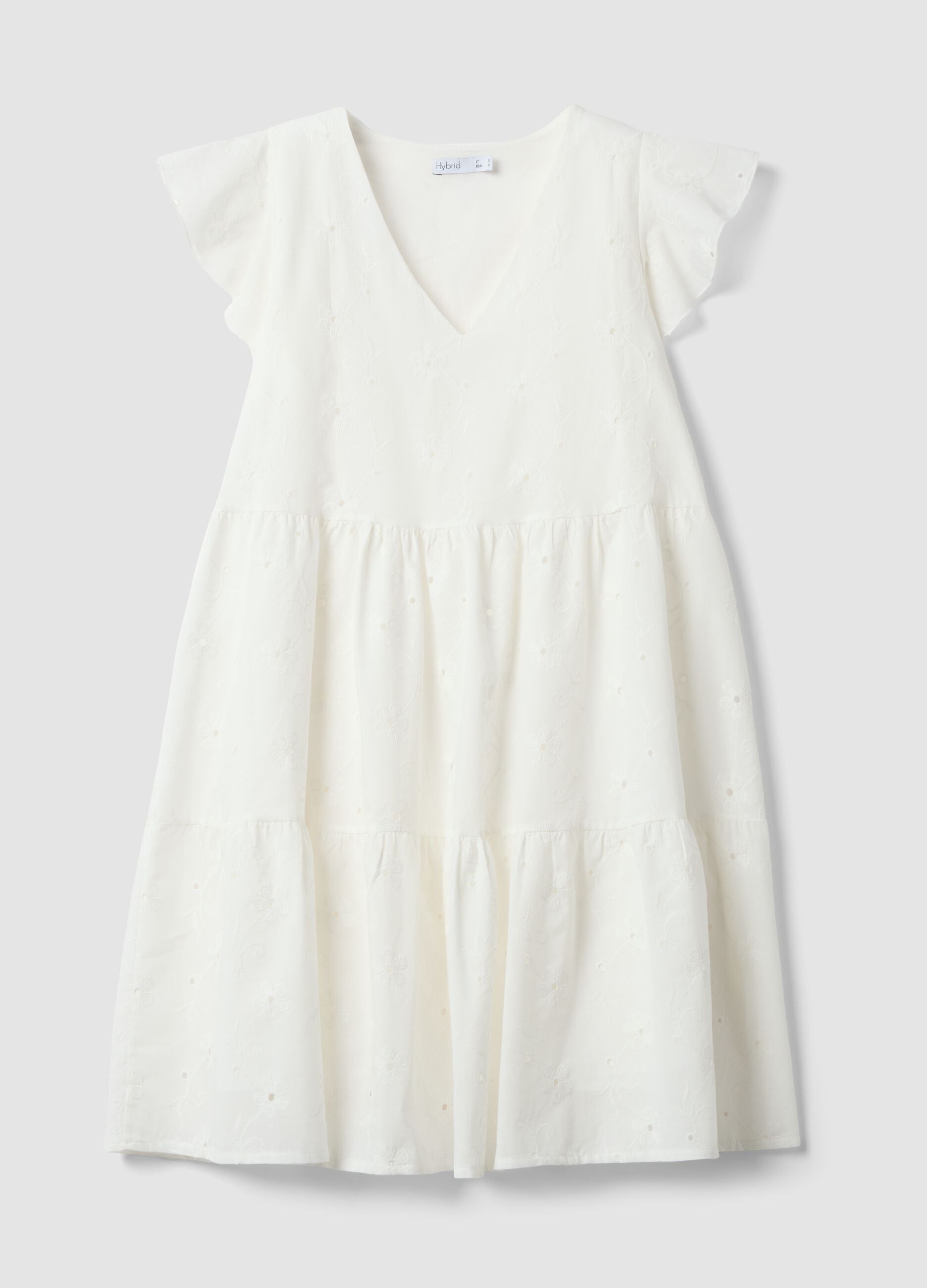 White pure cotton dress with broderie floral embroidery and V-neck