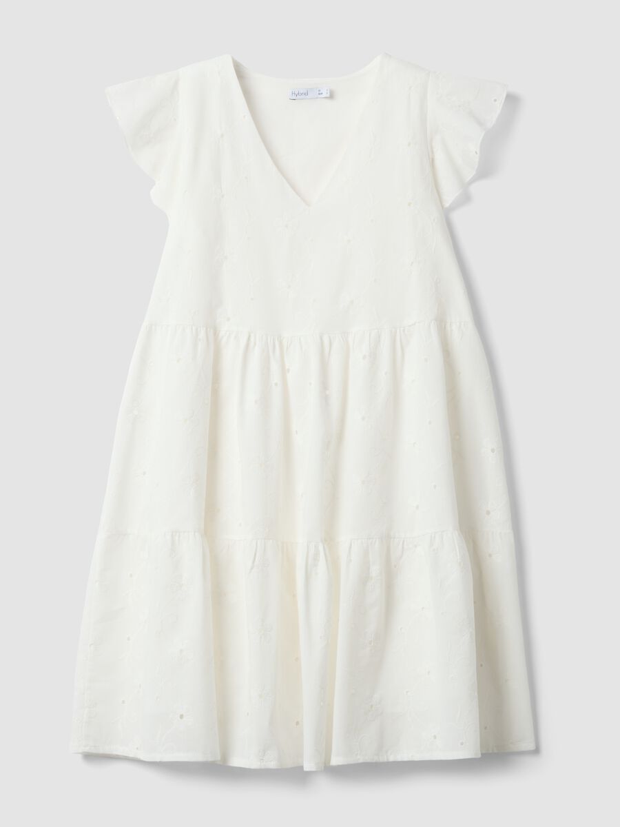 White pure cotton dress with broderie floral embroidery and V-neck_4