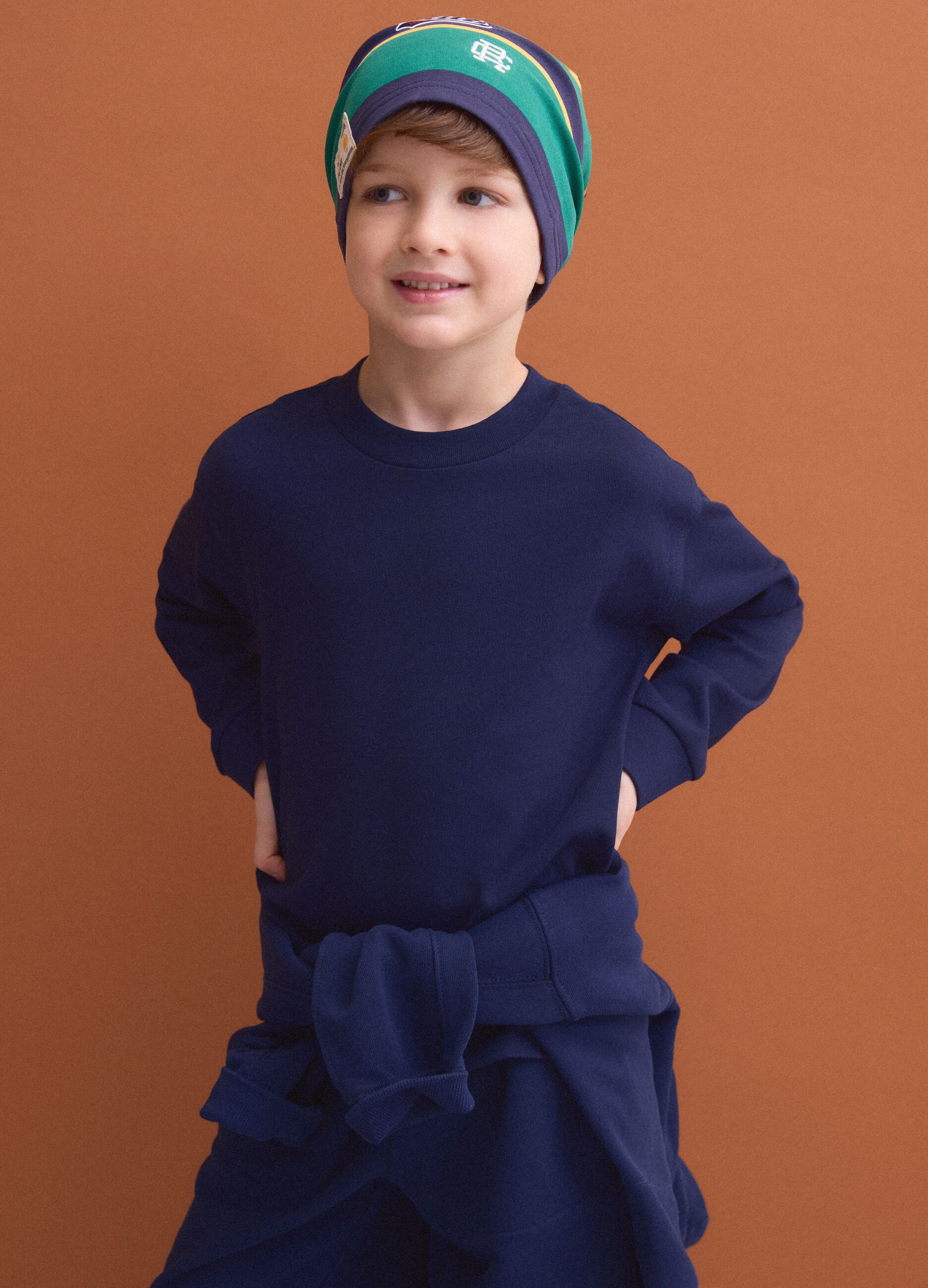Blue long-sleeve crew-neck pure cotton T-shirt for boys
