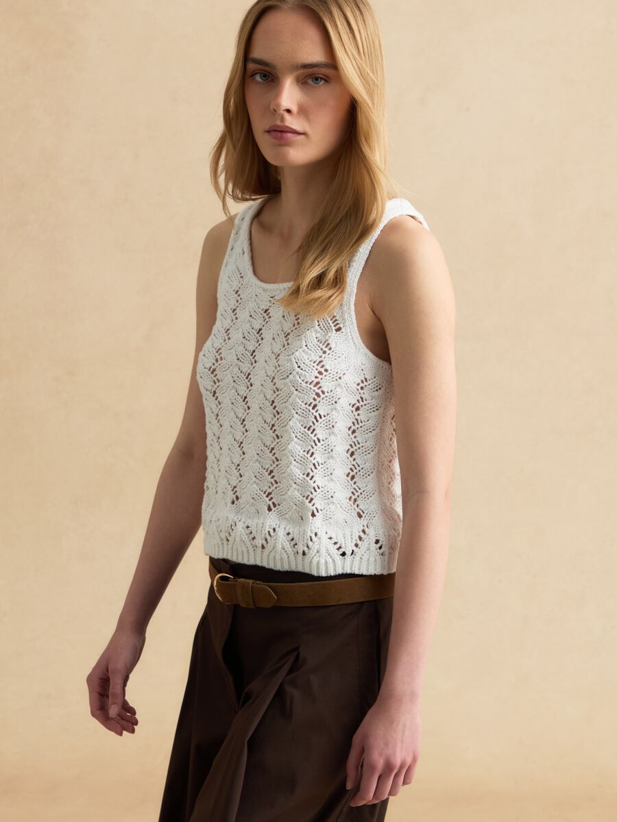 Tank top bianco in crochet di puro cotone_0