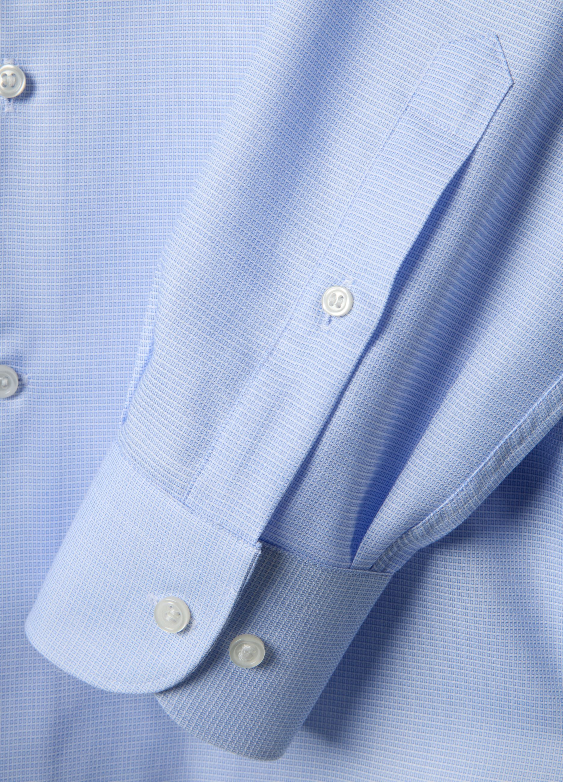 Sky blue pure cotton shirt with slim fit microcheck pattern