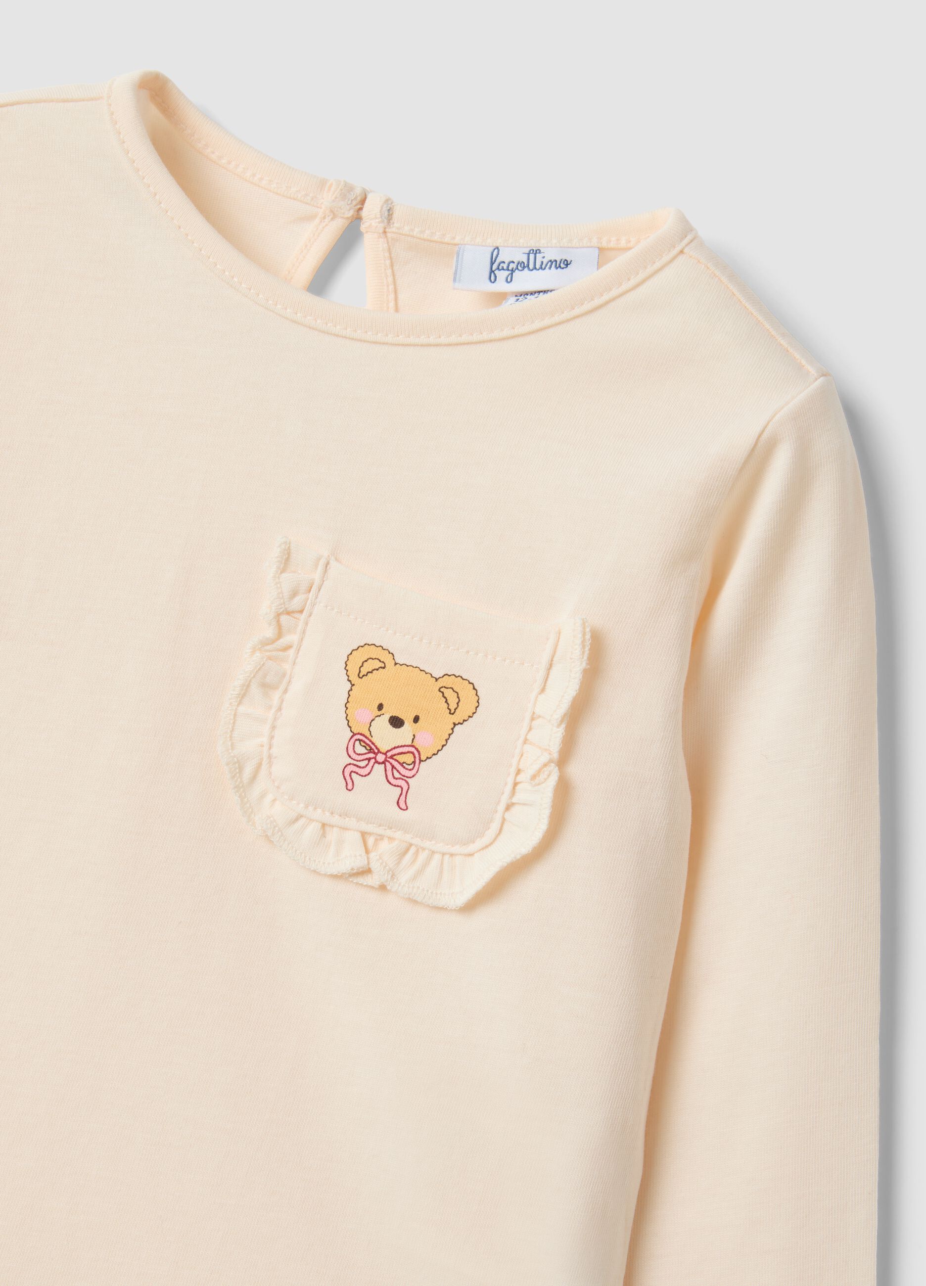 Beige pure organic cotton T-shirt with teddy bear print for baby girl