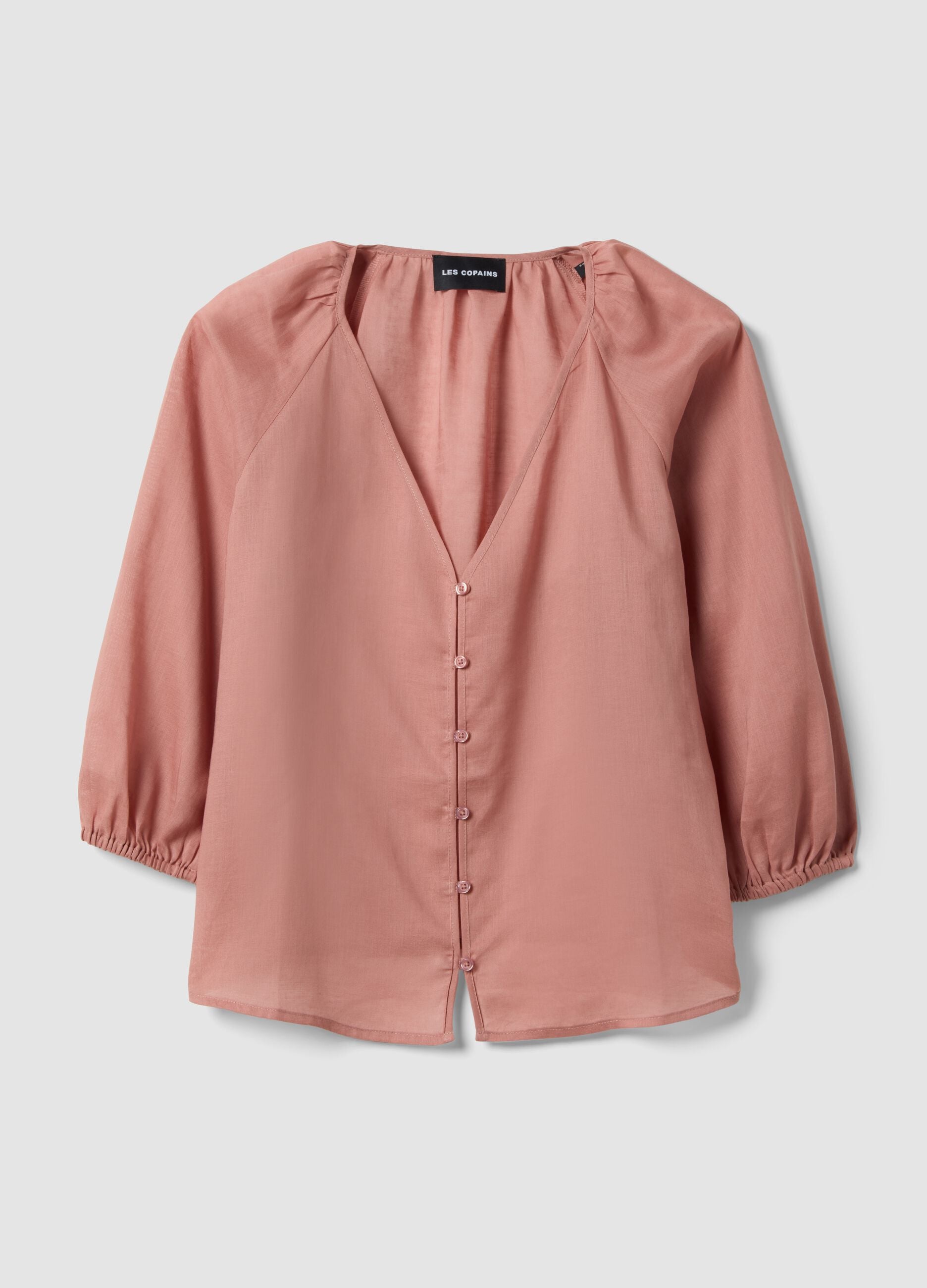 Pink ramie and lyocell-blend shirt with V-neck, regular fit