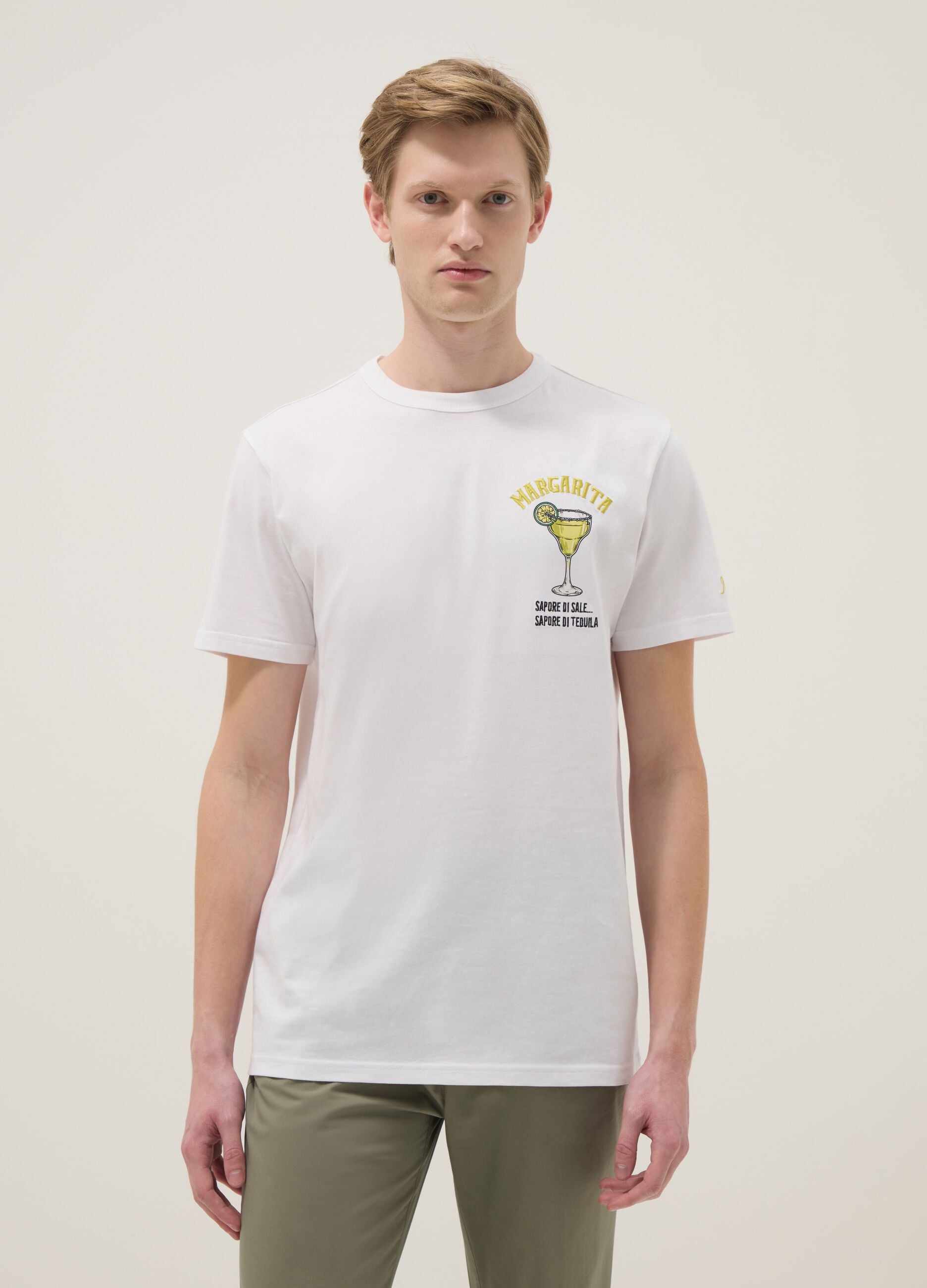 White pure cotton regular fit T-shirt with Margarita print