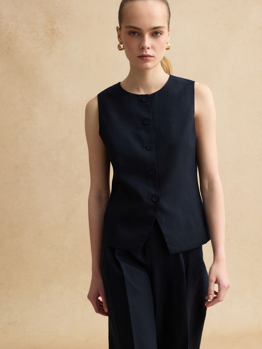 Blue Lyocell and Linen Regular Fit Waistcoat with Buttons_1