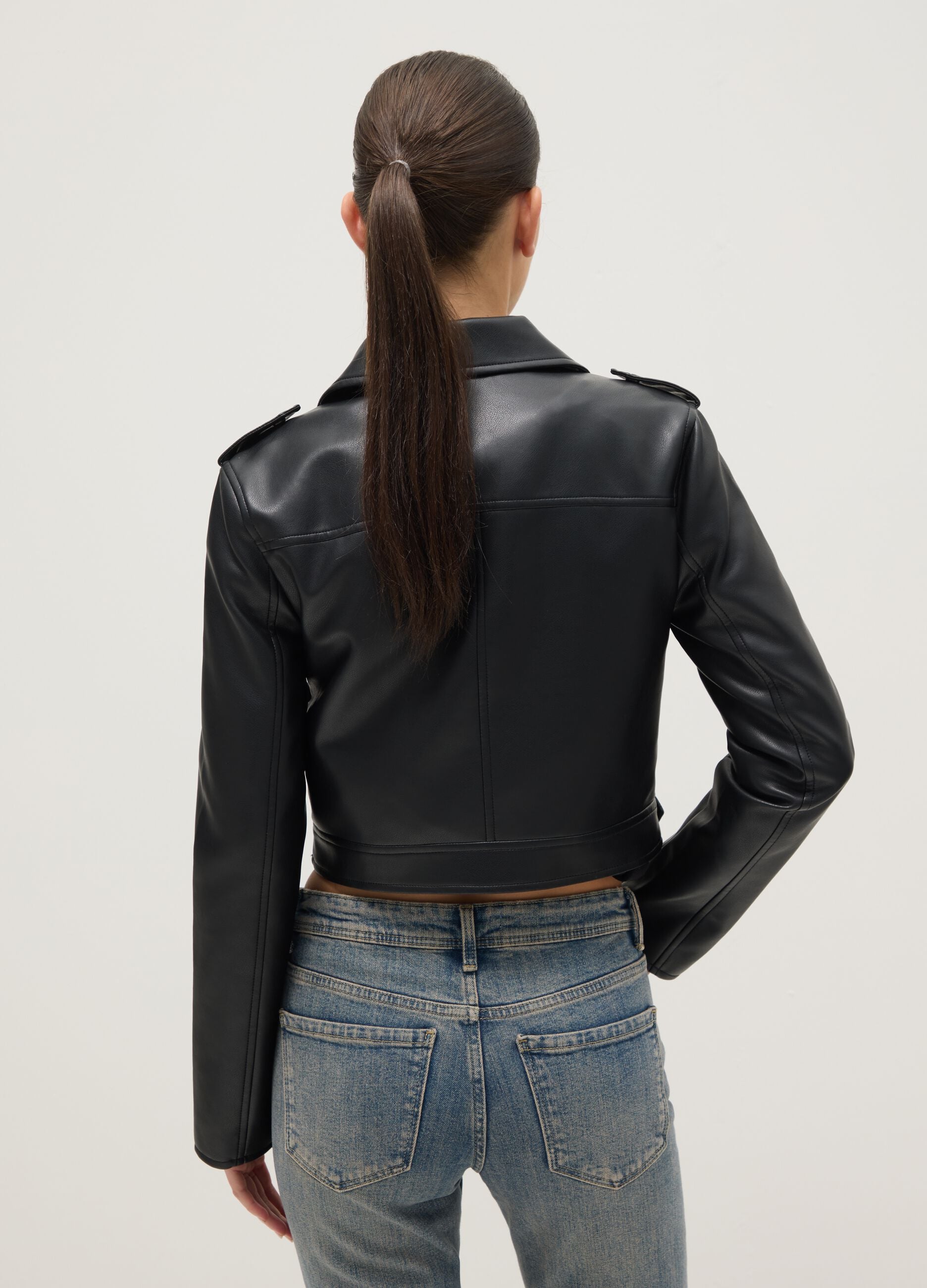 Black biker jacket regular fit with metallic details and diagonal zip