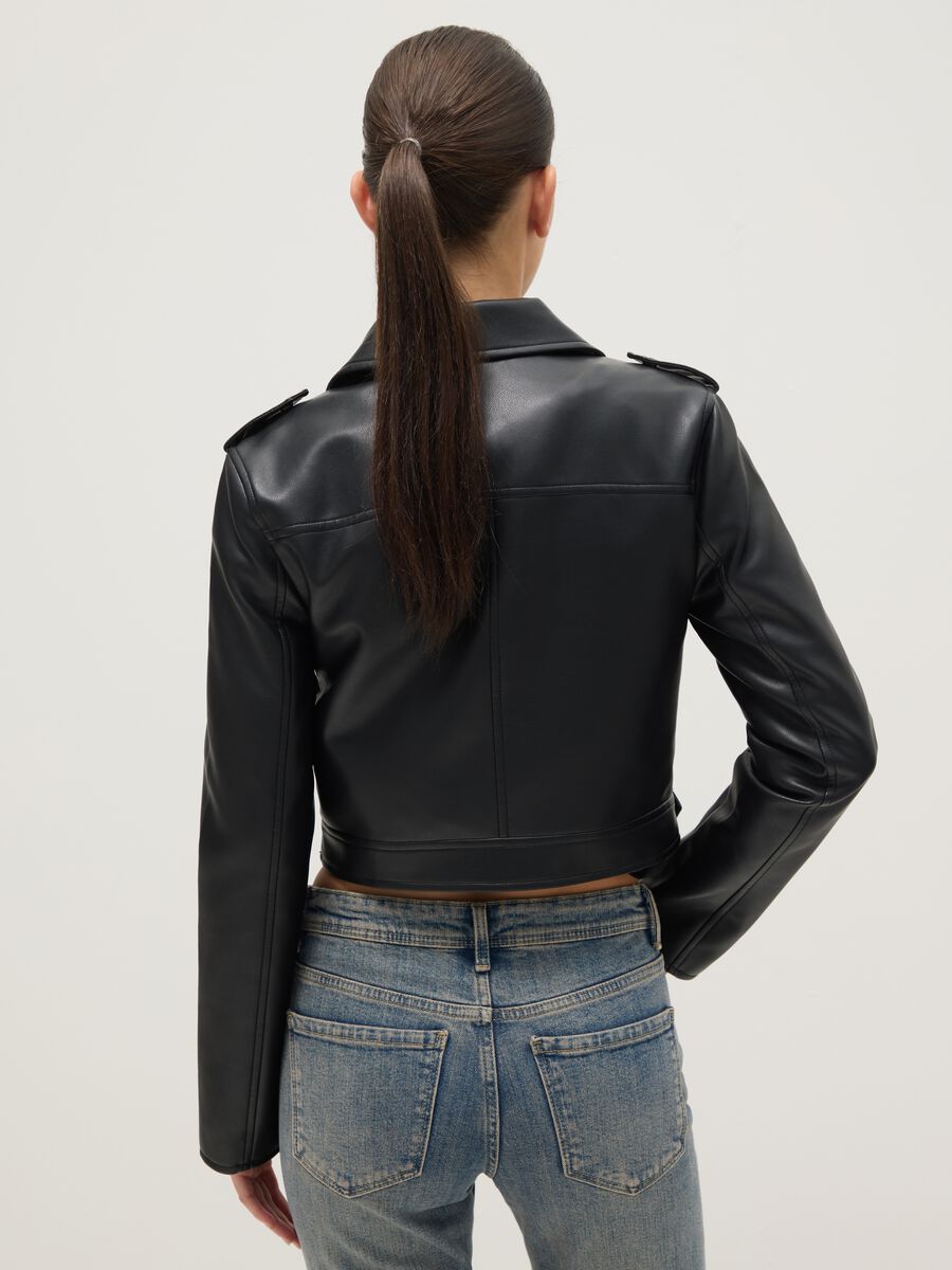 Black biker jacket regular fit with metallic details and diagonal zip_4