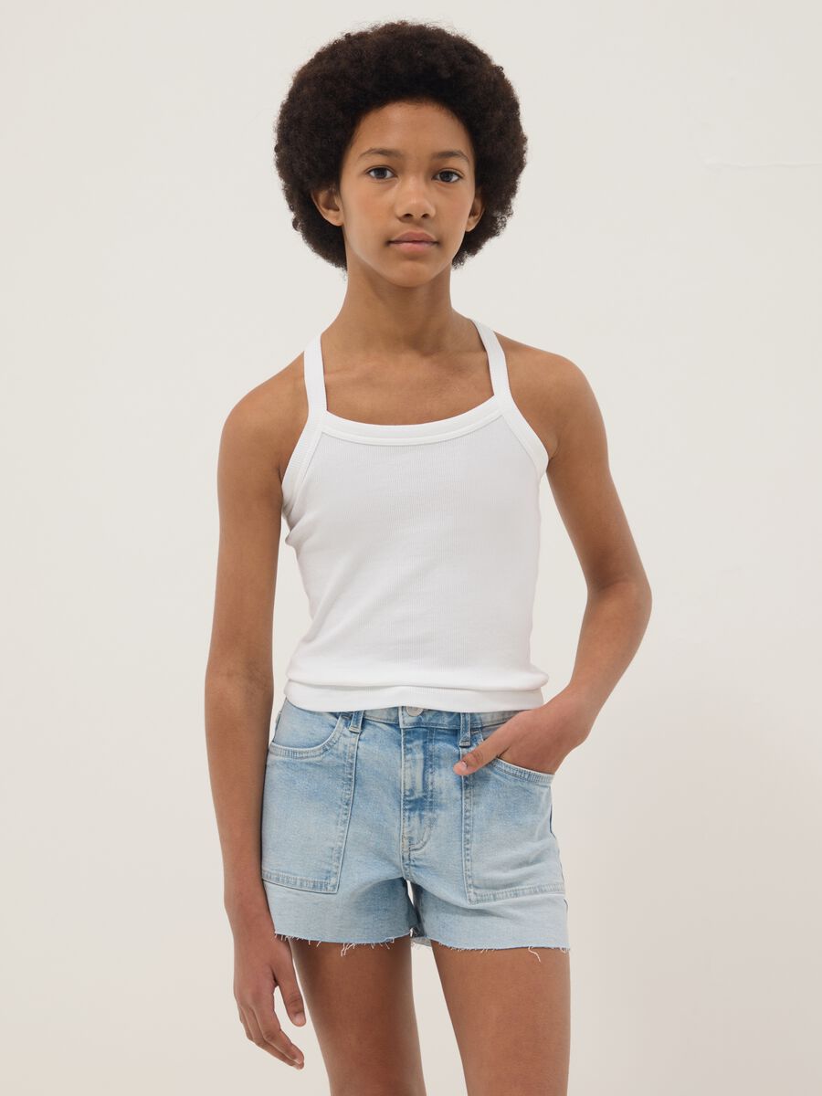 Girls' fitted white ribbed stretch cotton tank top_0