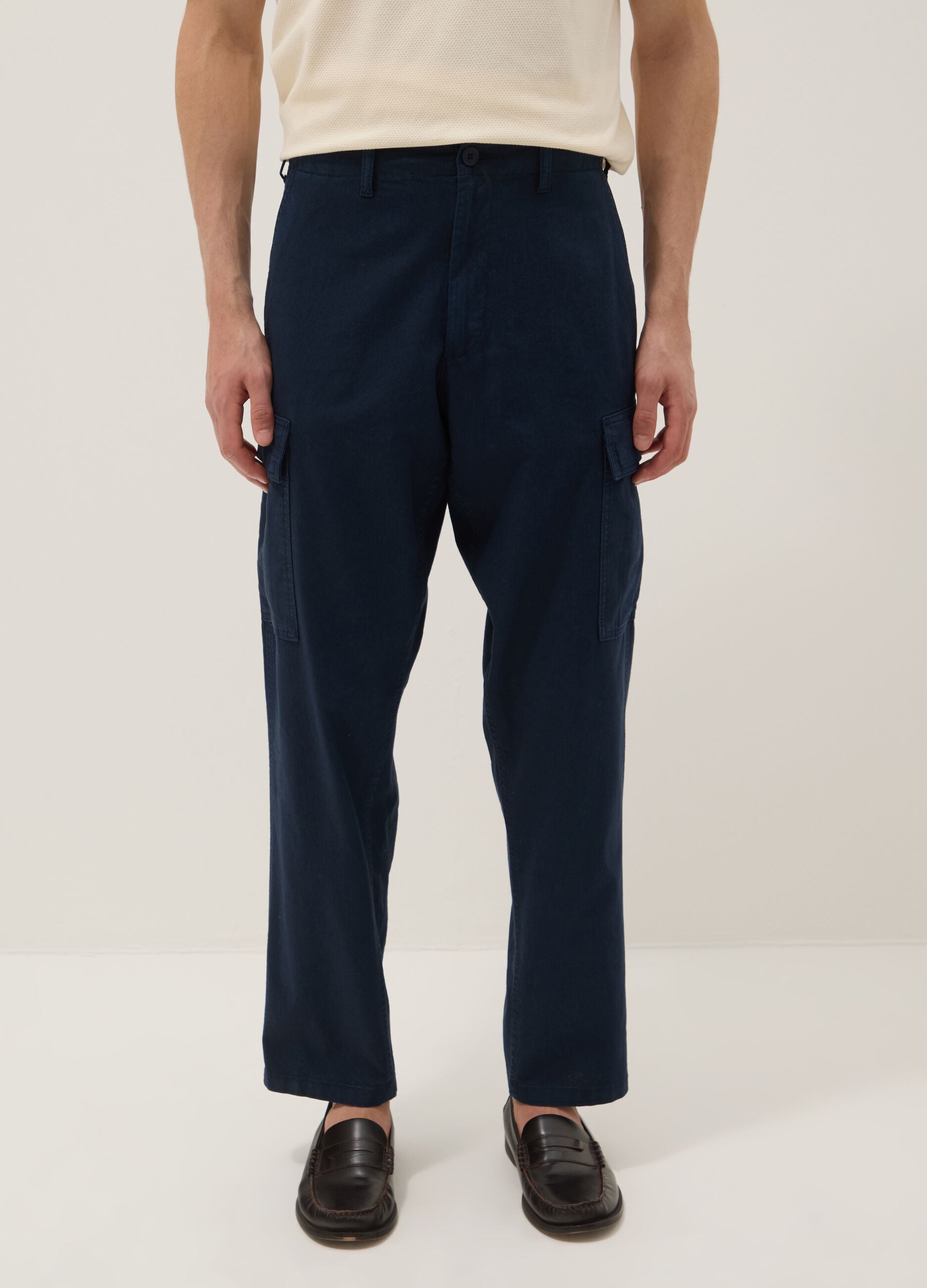 Blue regular-fit linen and cotton blend cargo trousers