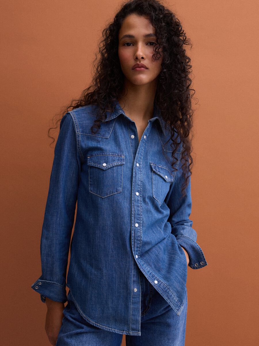 Blue pure cotton denim shirt, regular fit_1