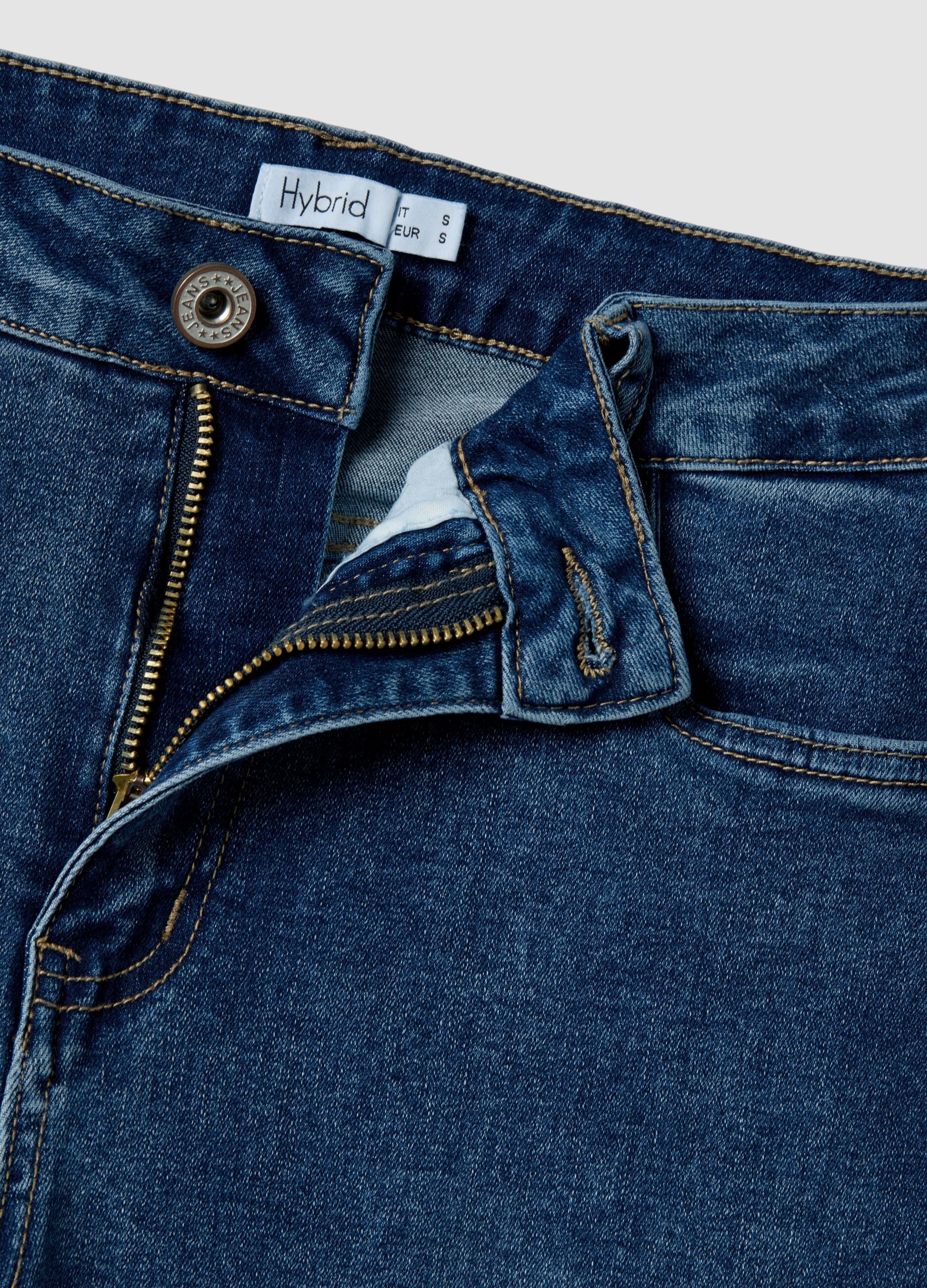 Stretch blue regular fit cotton blend denim trousers