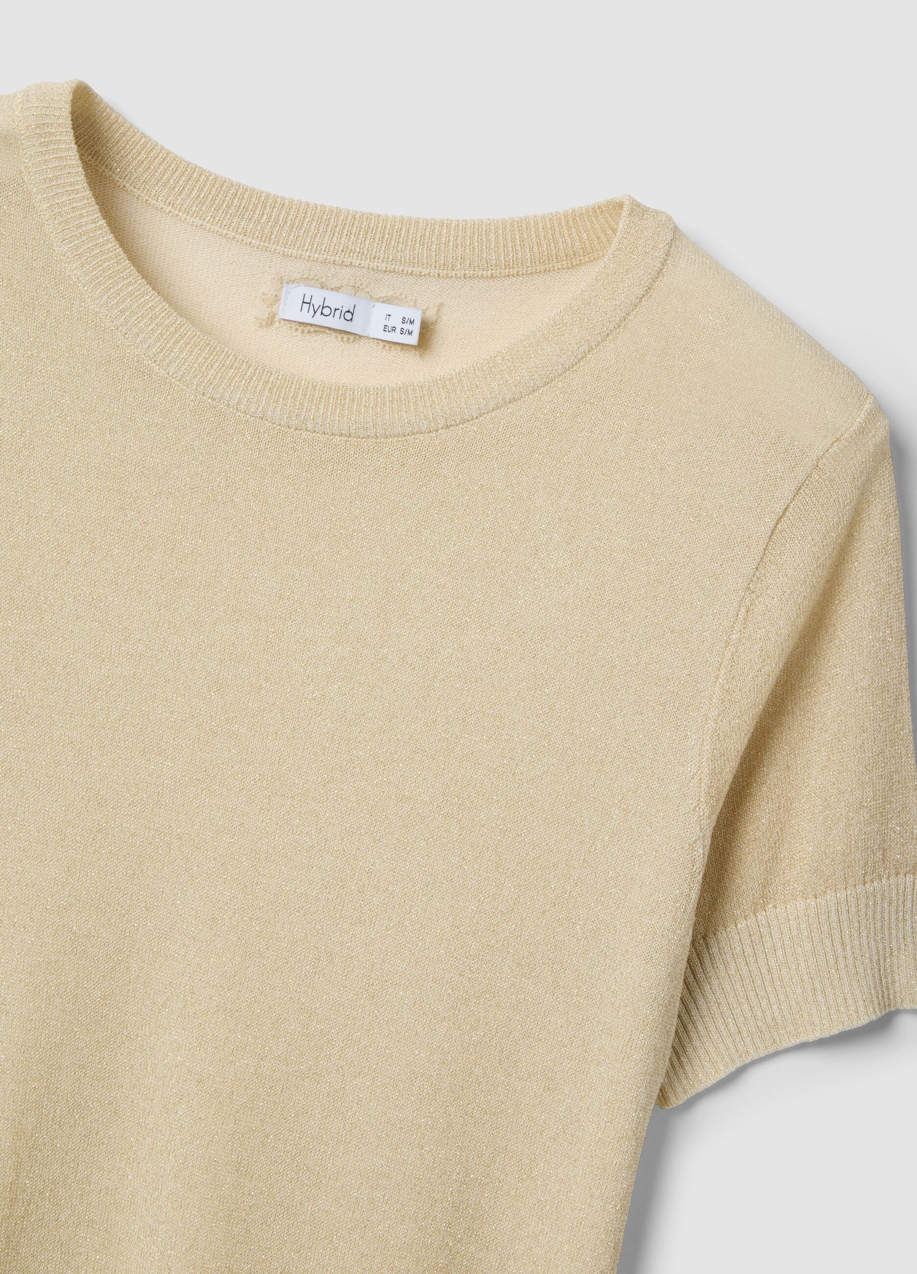 Beige viscose blend regular fit T-shirt with transparent accents