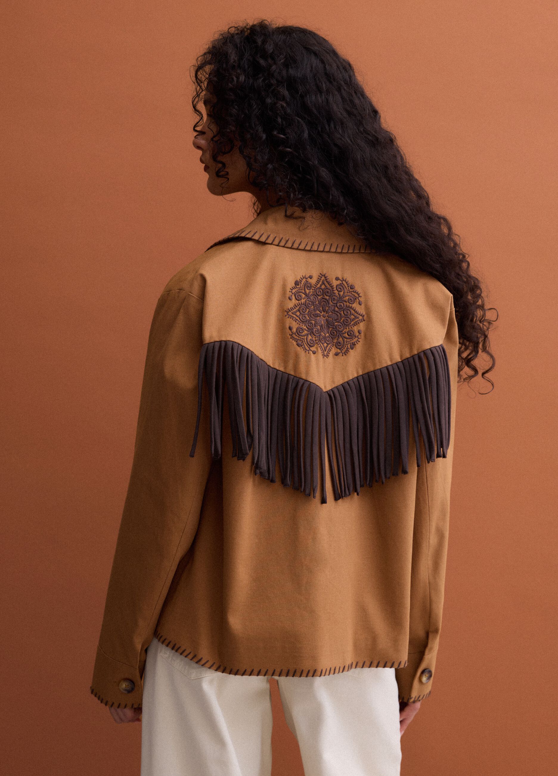 Brown pure cotton fringed shacket, regular fit