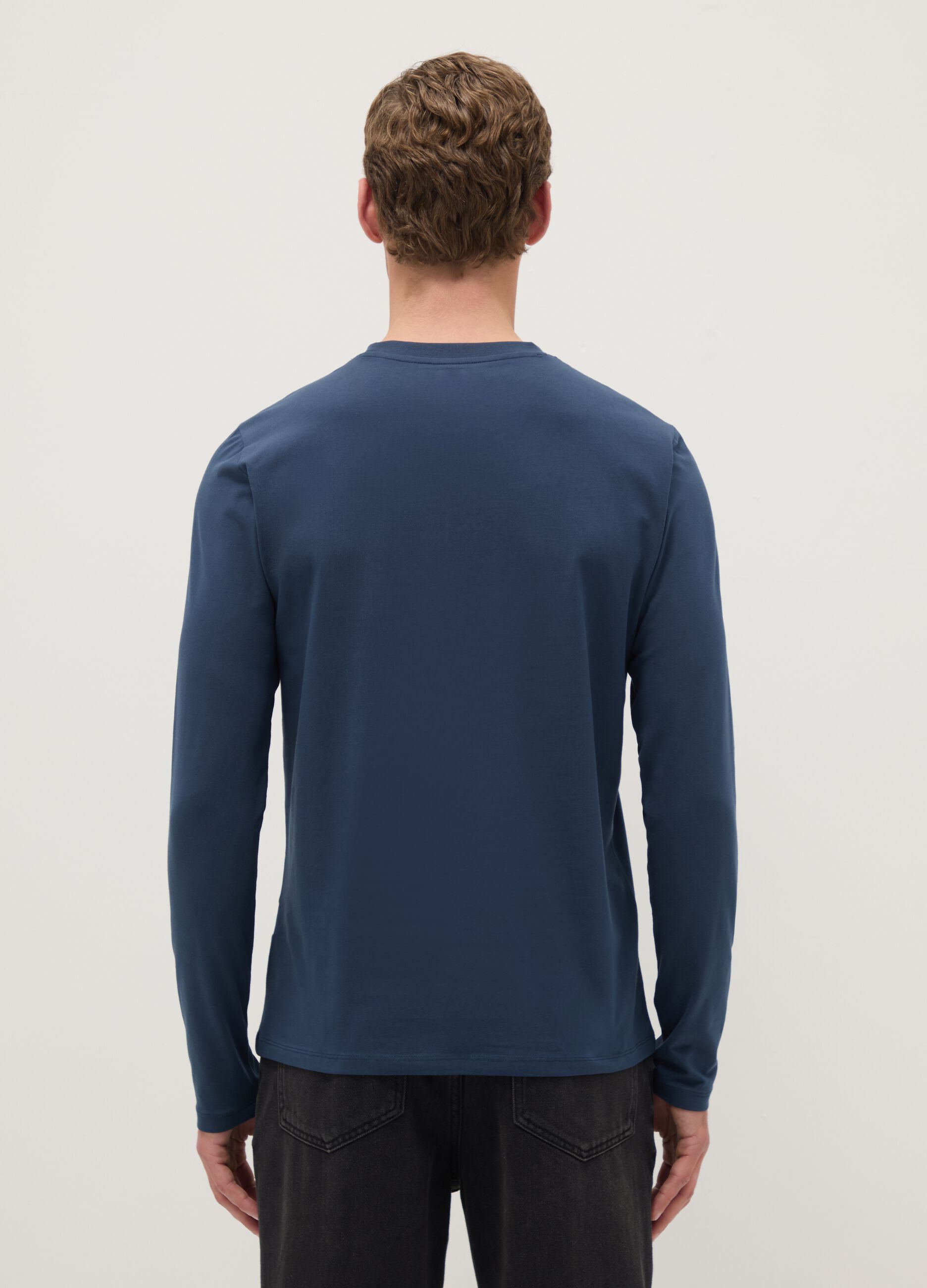 T-shirt blu a maniche lunghe in cotone elasticizzato regular fit