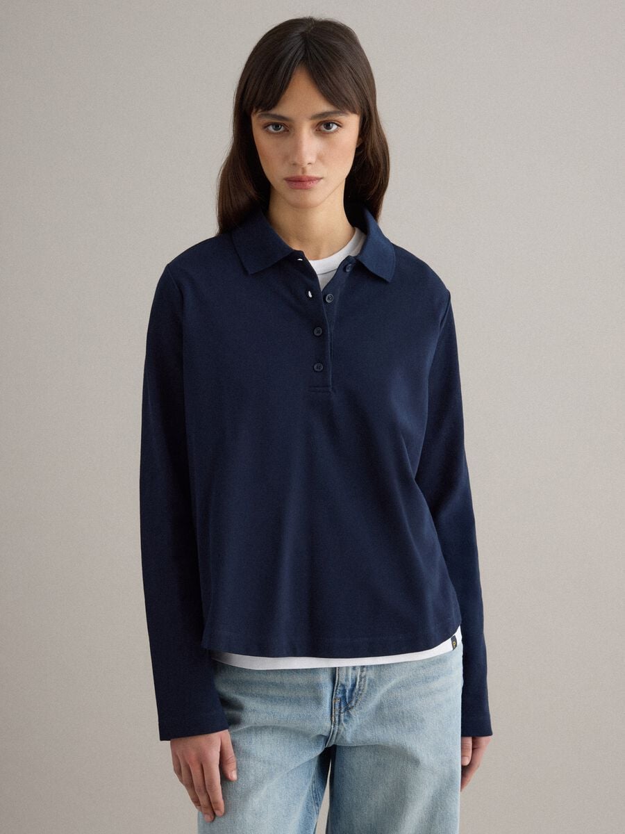 Long-sleeve blue polo shirt in pure cotton regular fit_0