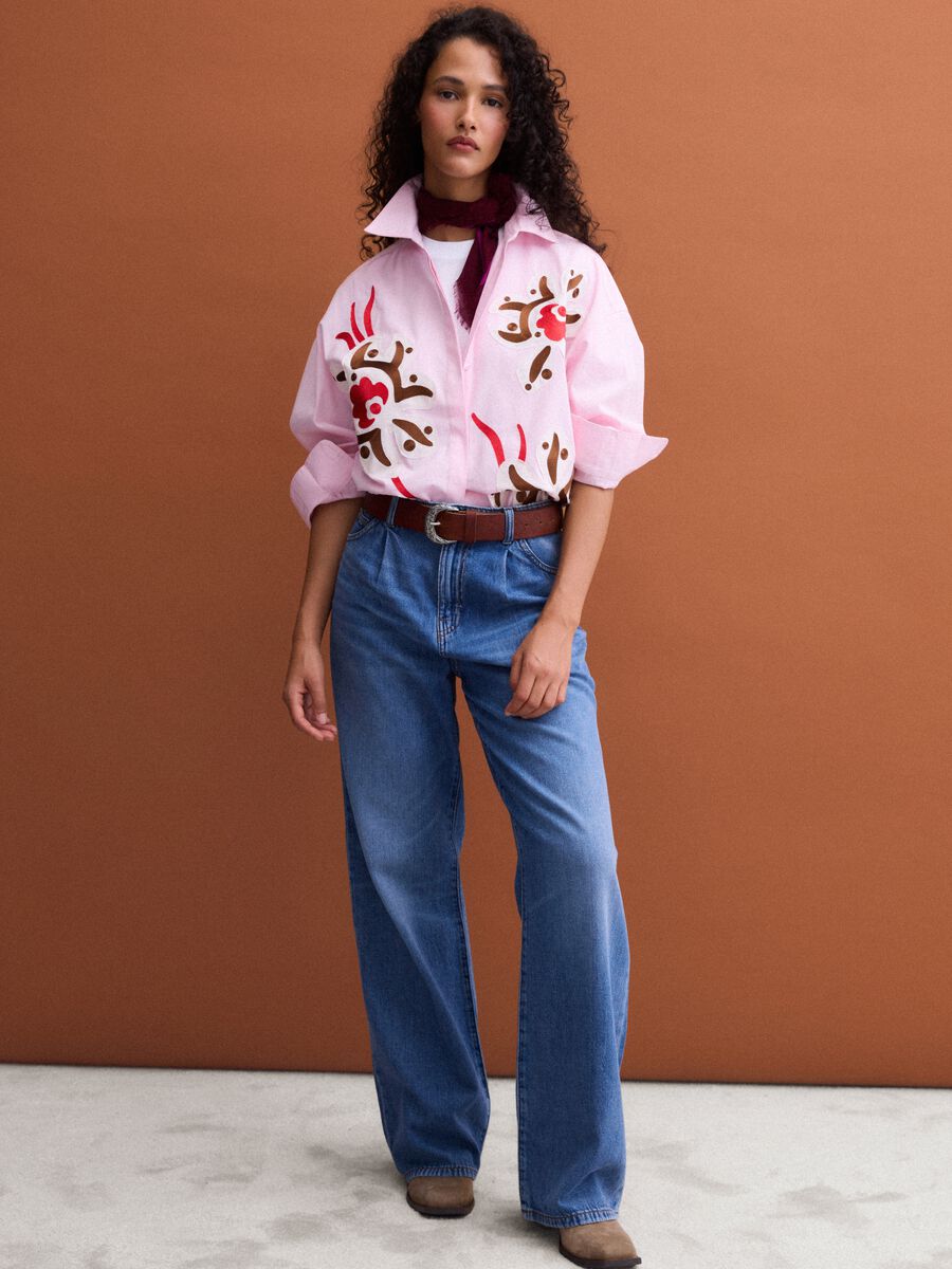 Pink pure cotton poplin shirt with floral print, regular fit_1