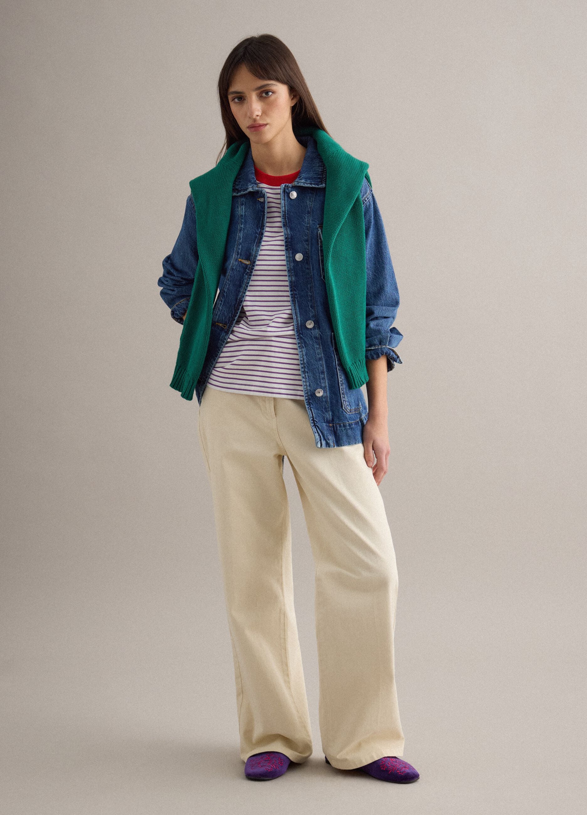 Blue denim jacket, pure cotton, regular fit with belt