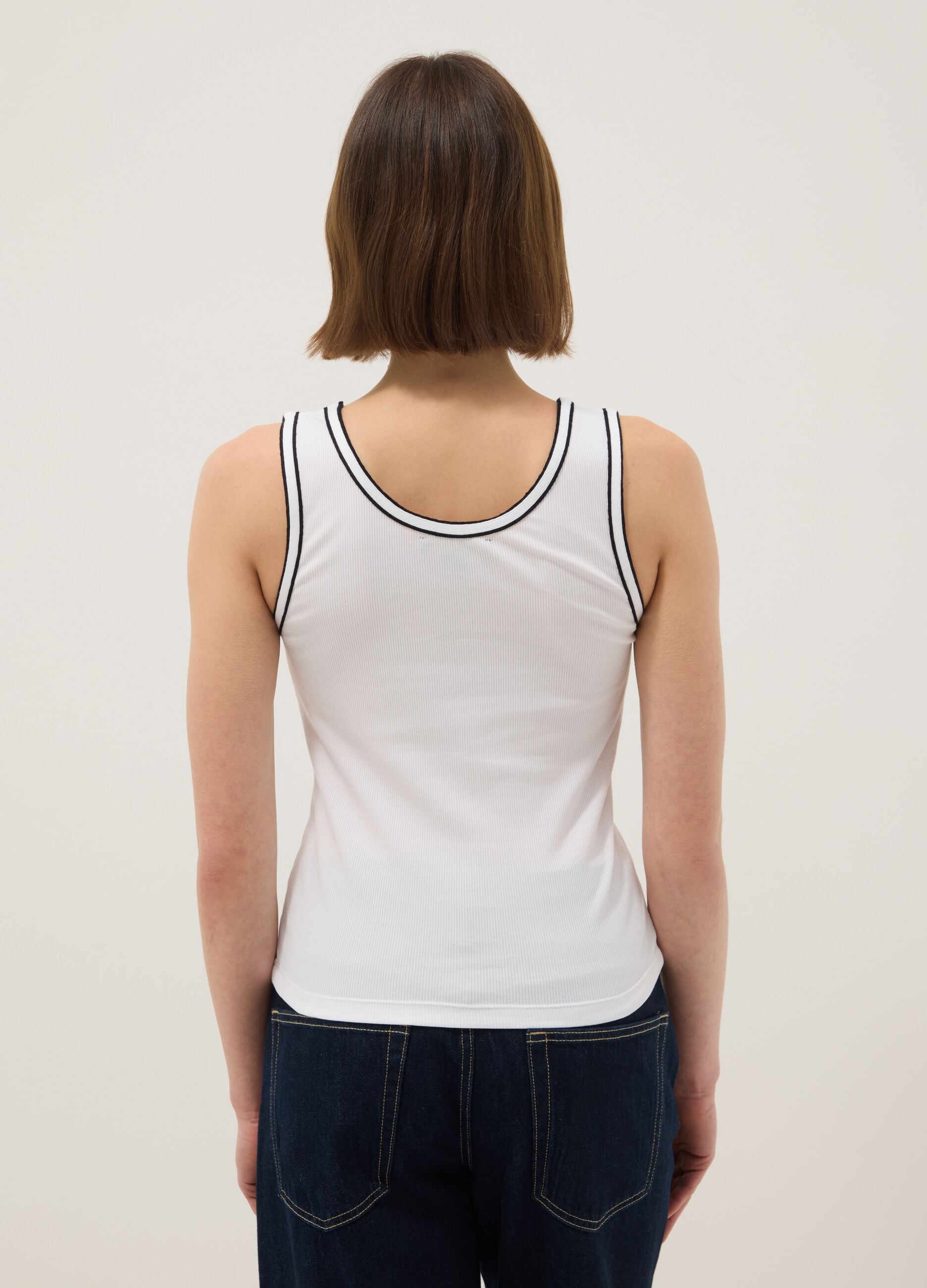 White stretch cotton tank top with border regular fit