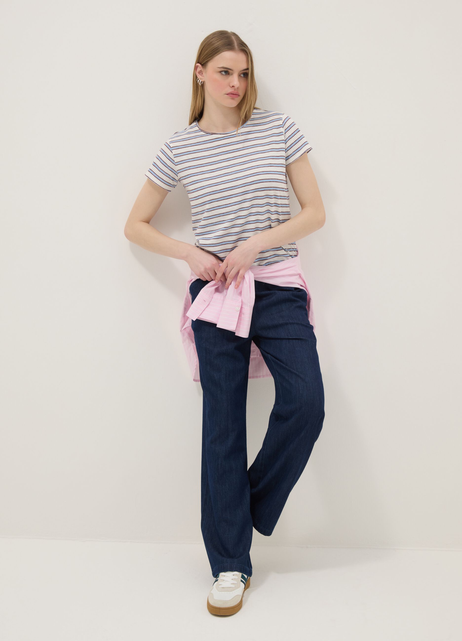 Regular-fit multicolour striped pure cotton short-sleeve T-shirt
