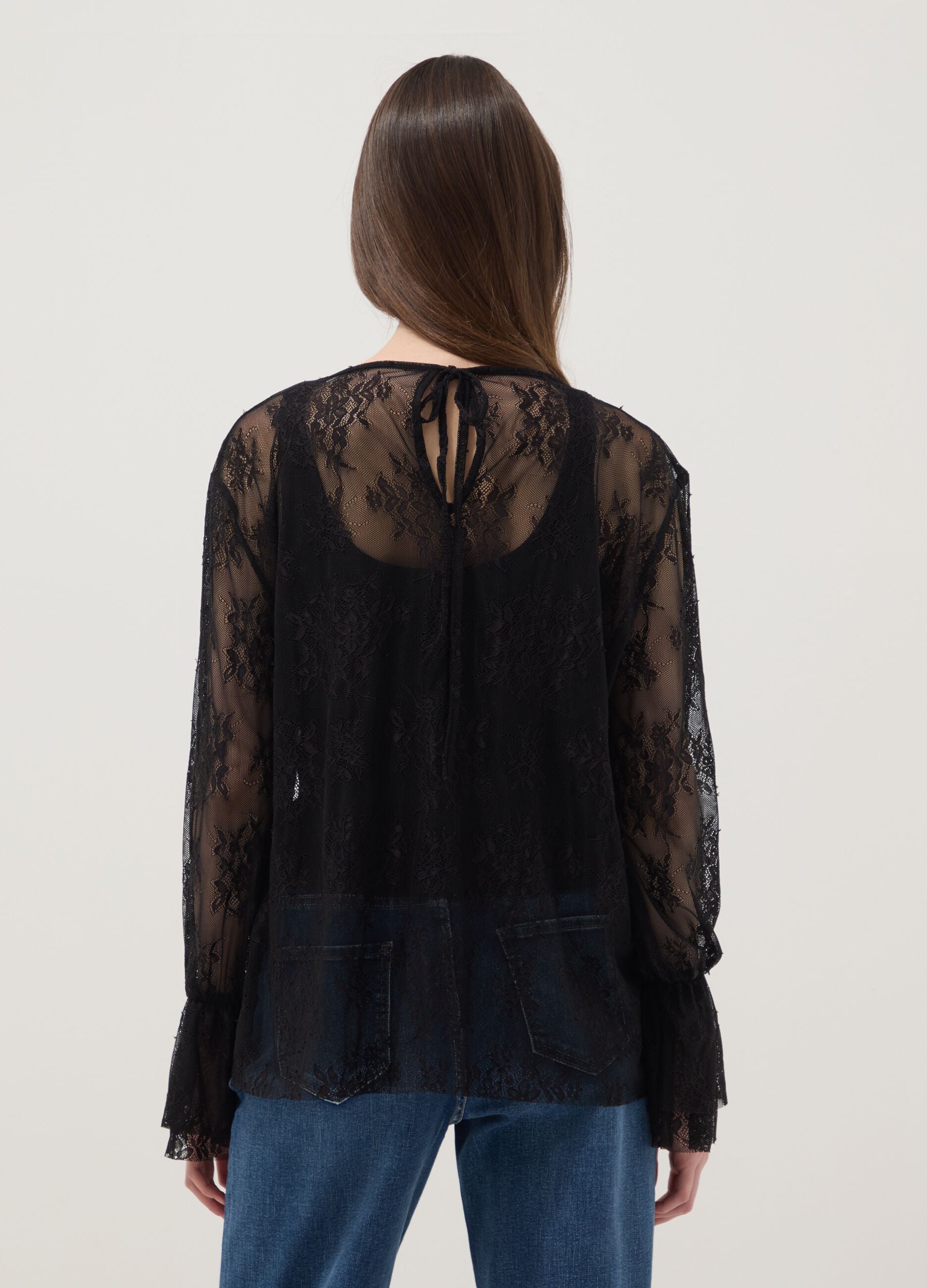 Black stretch blouse with sheer lace, regular fit