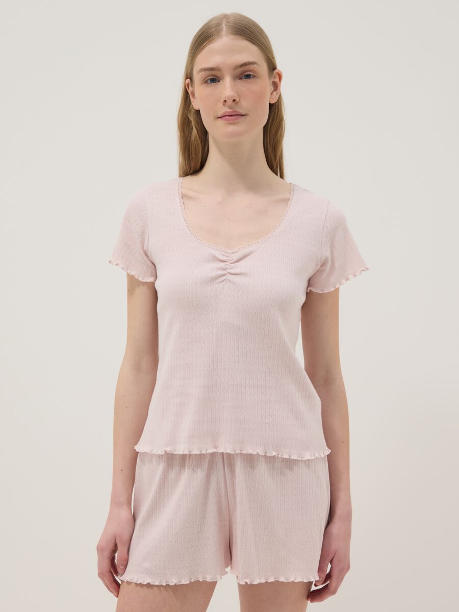 Pink pure cotton pyjama T-shirt, regular fit, with ruched details_1