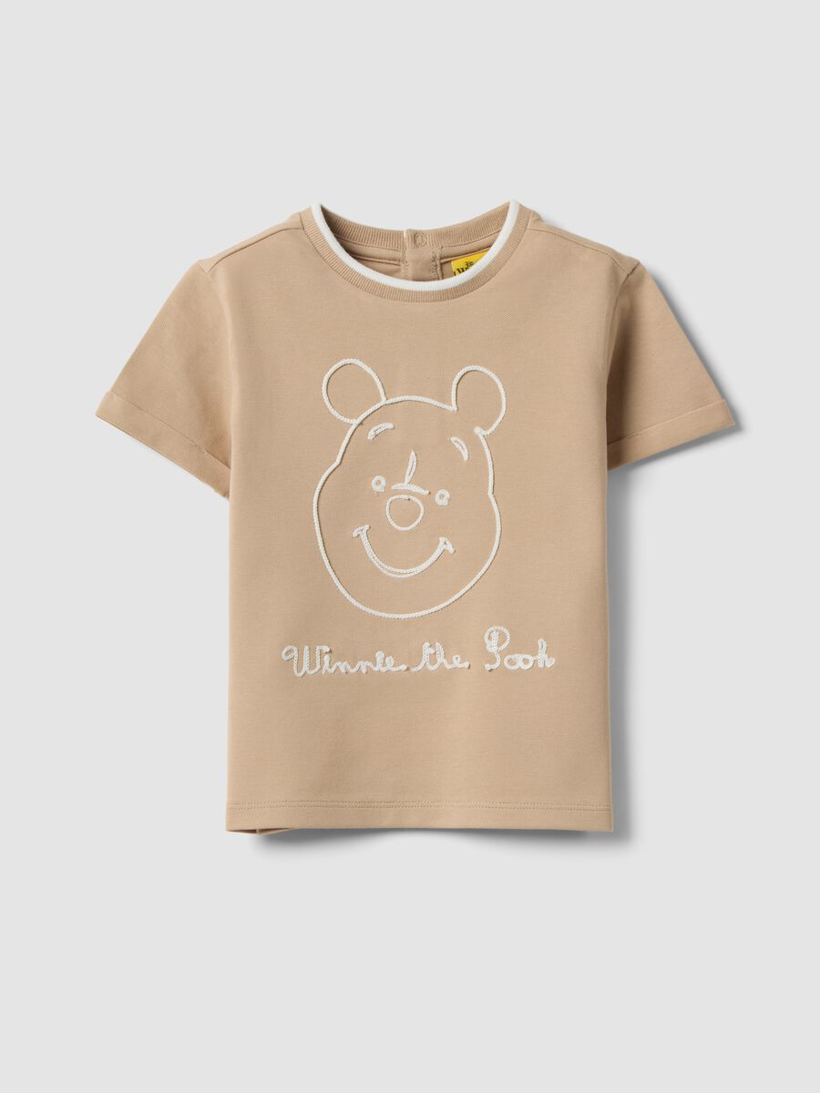 Beige Stretch Cotton Kids T-shirt with Winnie Embroidery_0