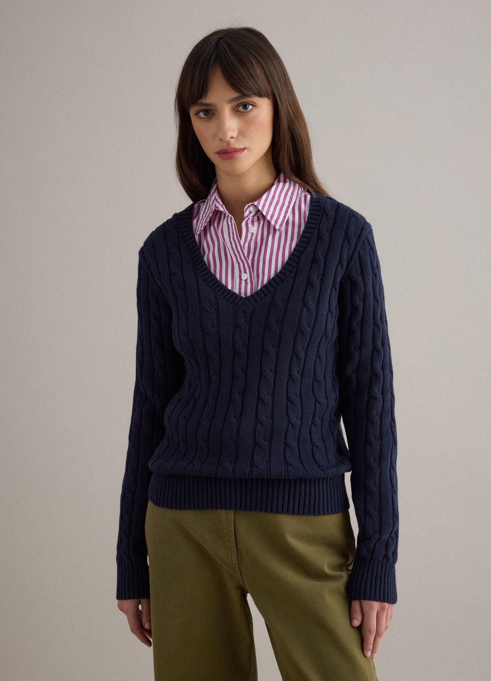 Blue pure cotton regular fit pullover with cable knit