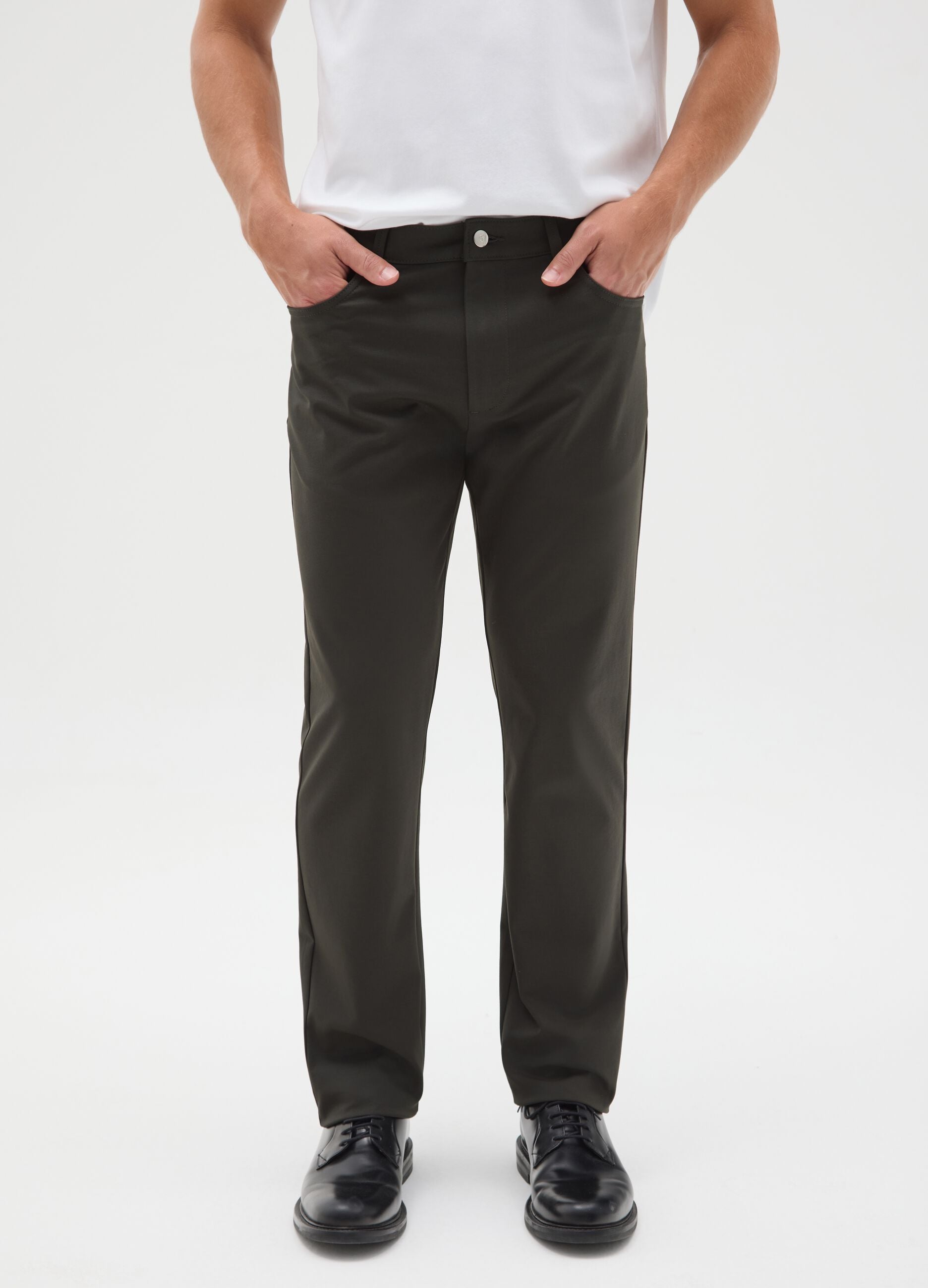 Green Cotton Blend Slim Fit Trousers