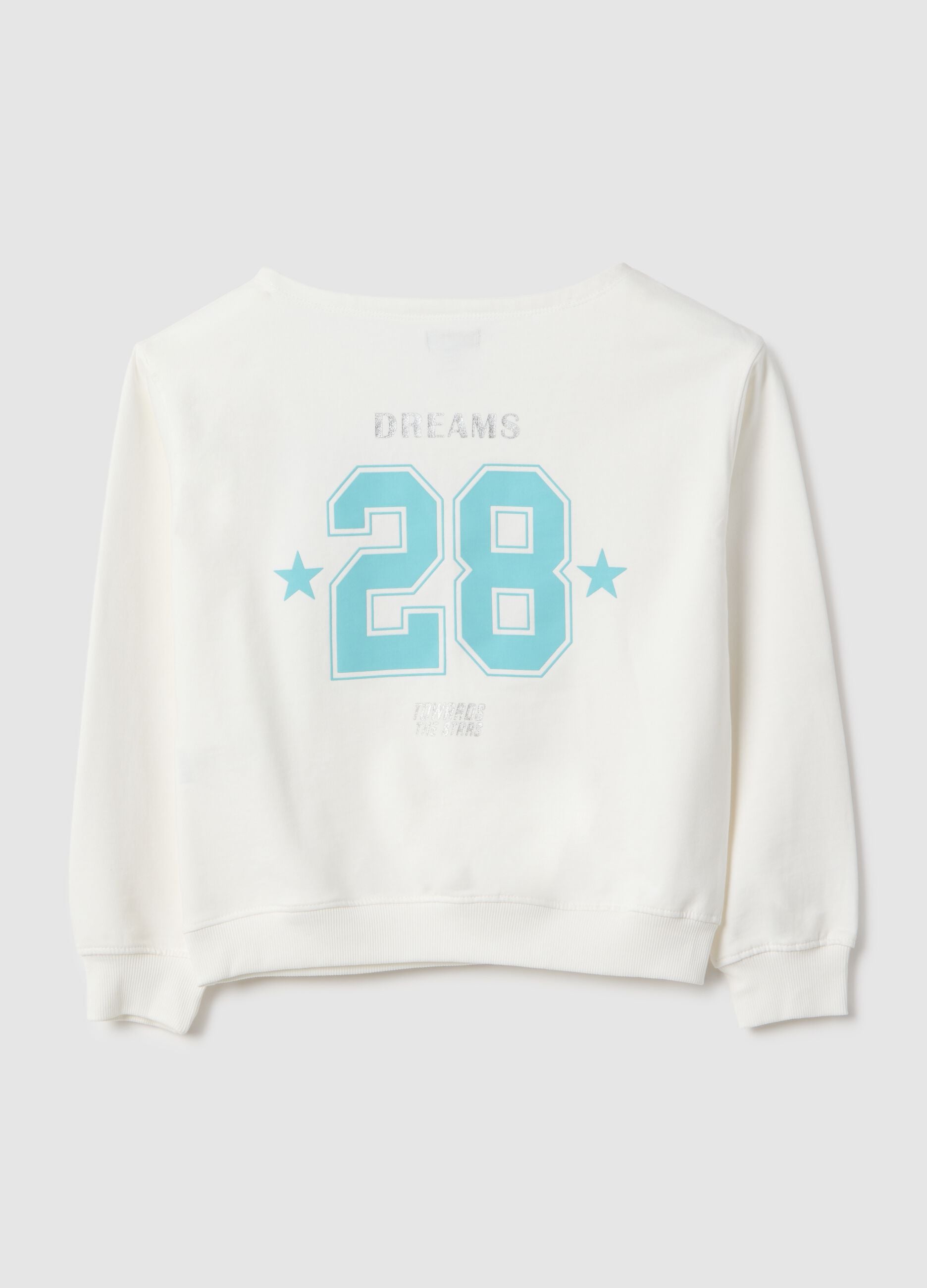 White pure cotton oversized fit girls' sweatshirt with boat neckline