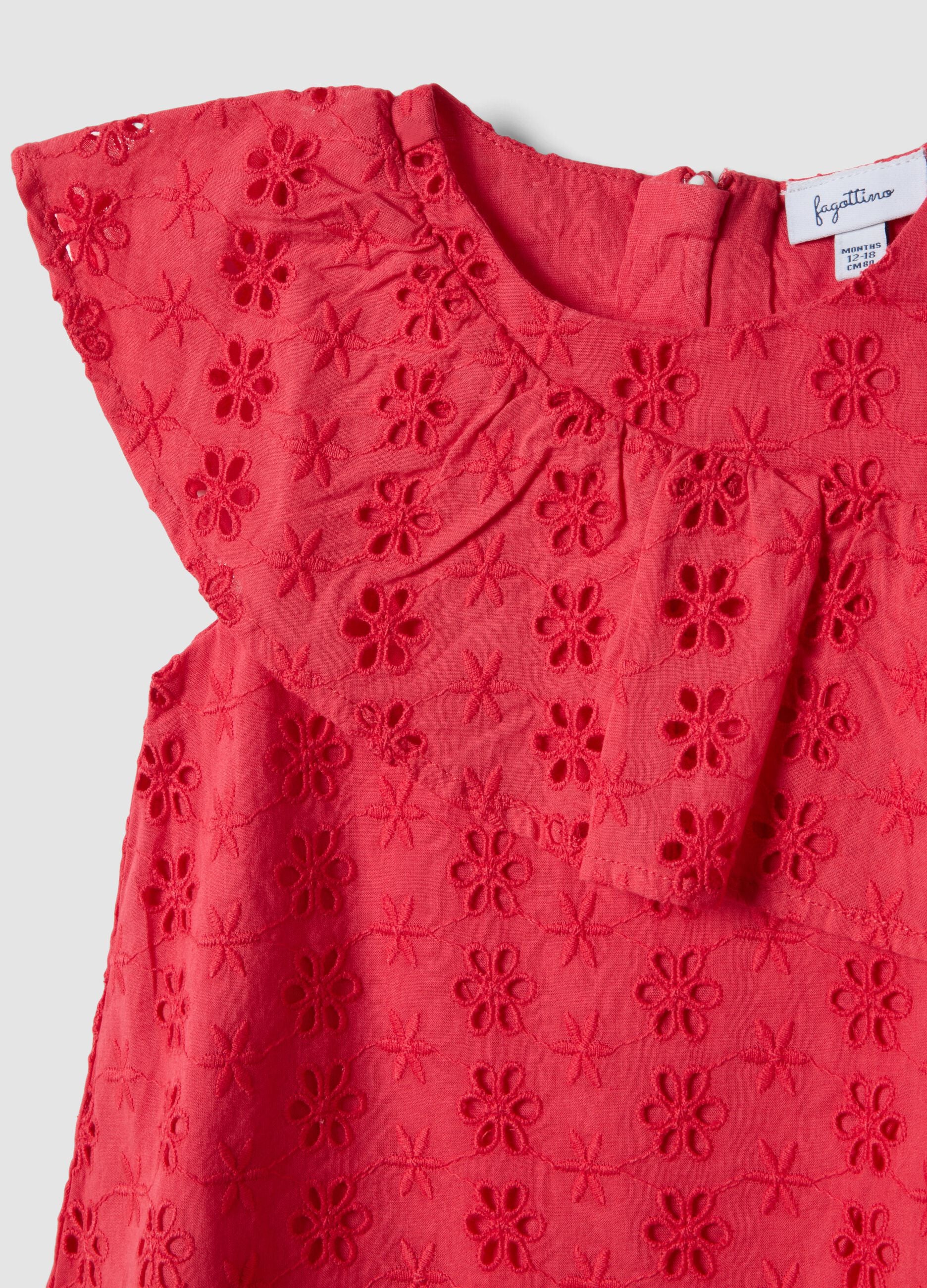 Girls' Relaxed Fit Red Cotton Dress with Embroidery