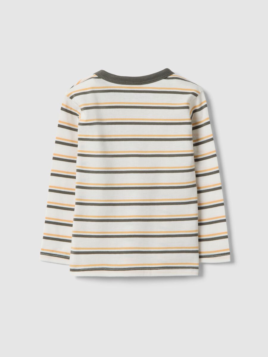 White pure cotton boys&rsquo; T-shirt with multicolour stripes and teddy bear embroidery_2