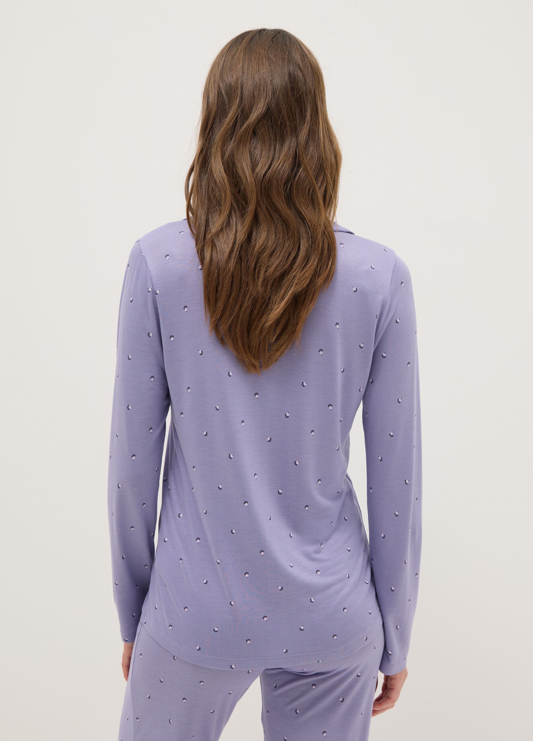 Purple pure viscose pyjamas with V-neck and prints, regular fit
