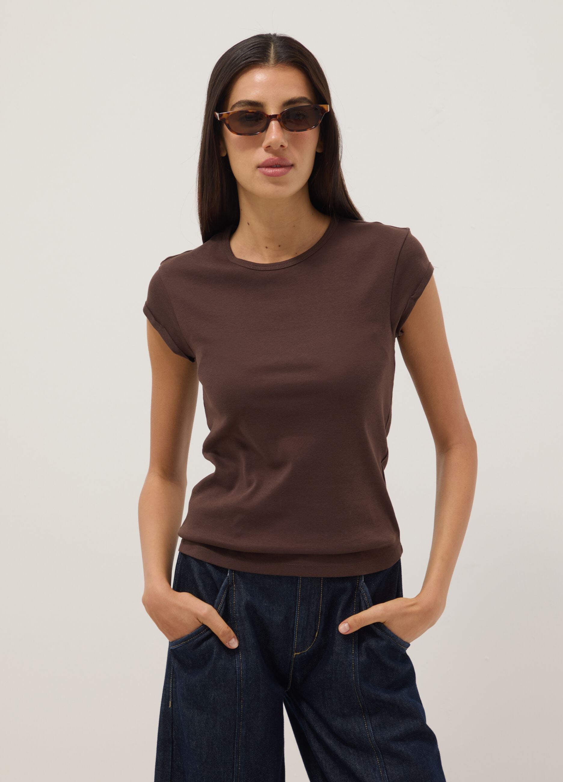Regular fit brown short-sleeve pure cotton t-shirt