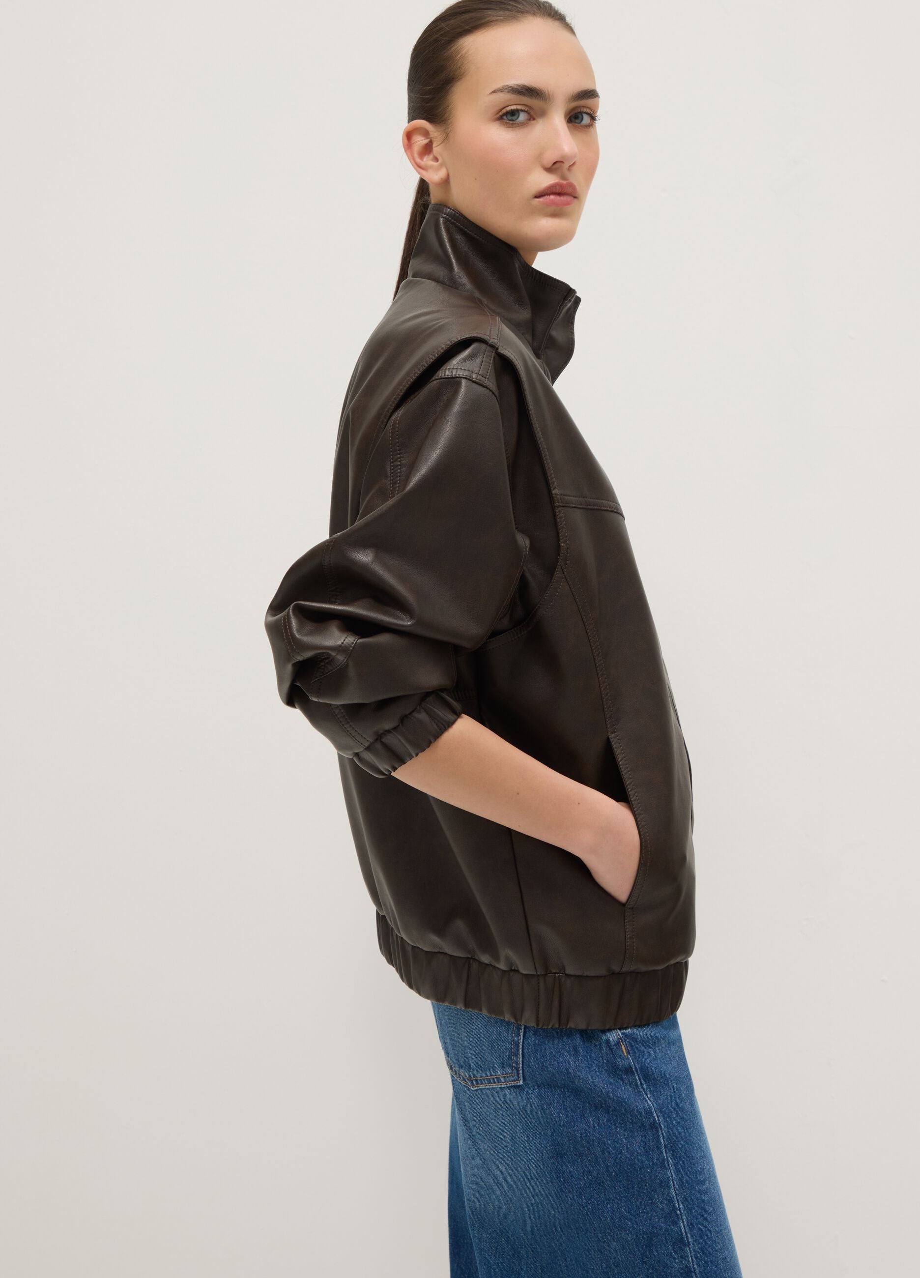 Brown biker jacket over fit with zip and buttons
