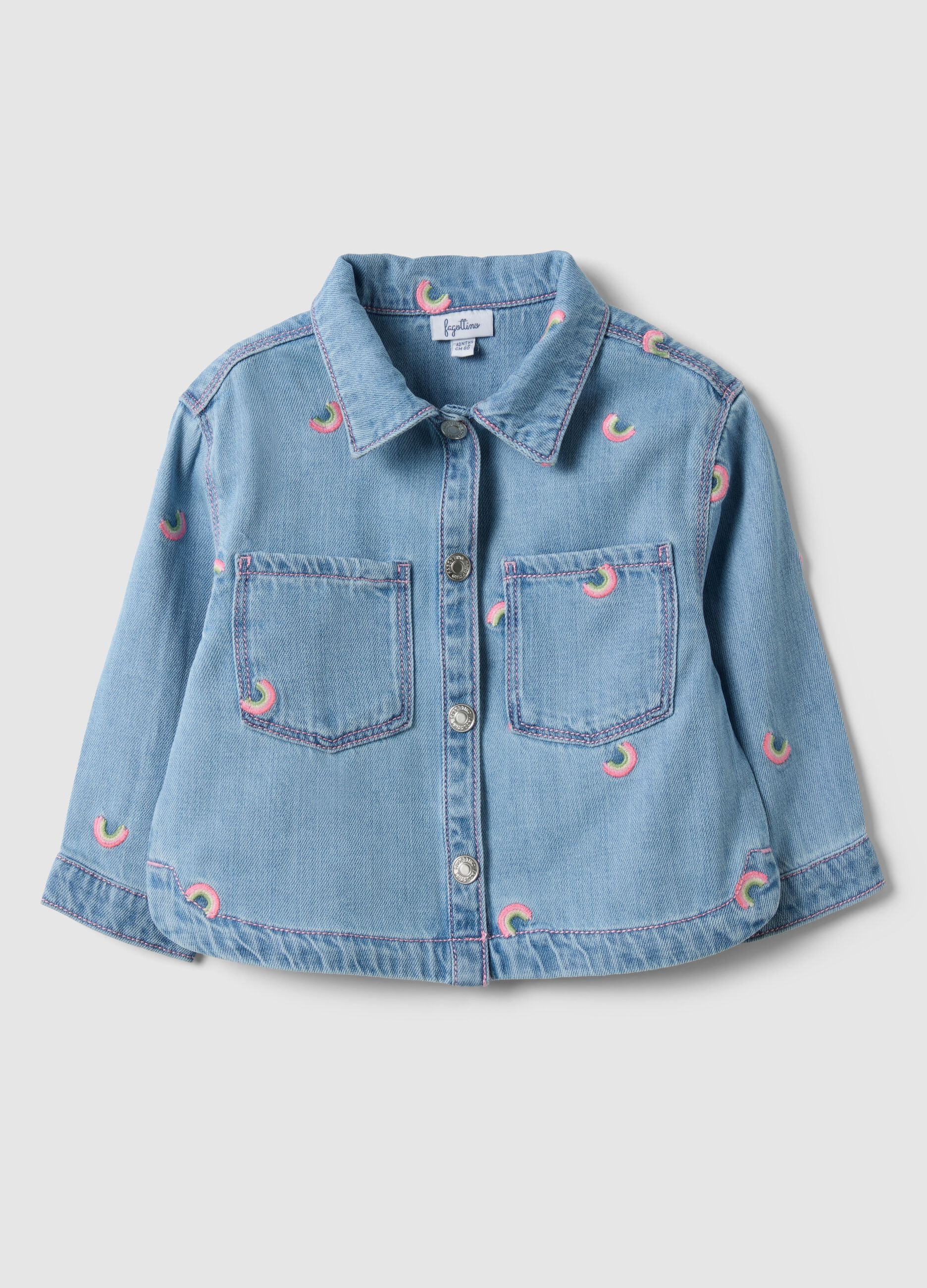 Girls' light blue denim blend shirt with rainbow embroidery