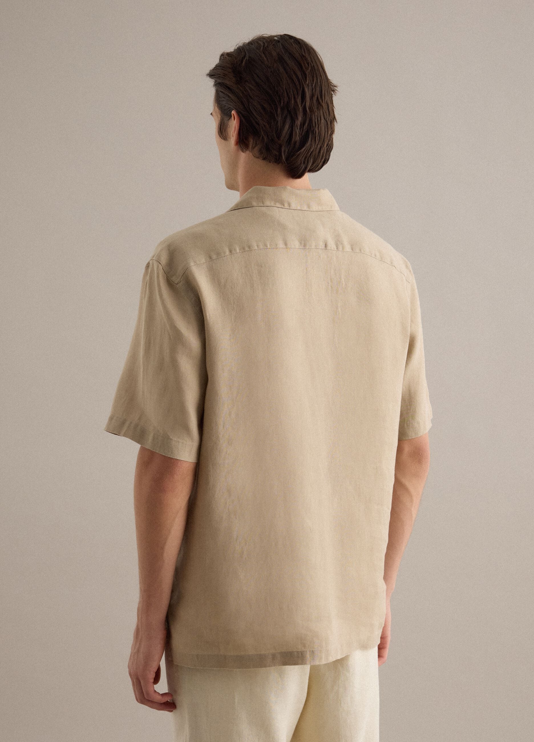 Beige pure linen regular fit shirt with bowling collar